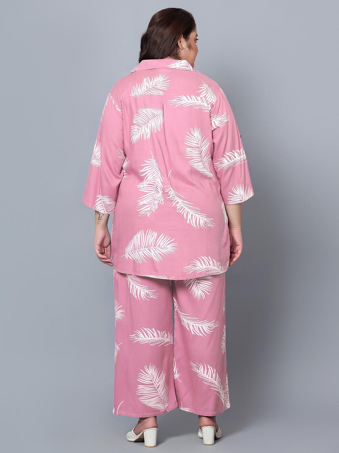 Pink Leaf Print Plus Size Co-Ord Set — view 5