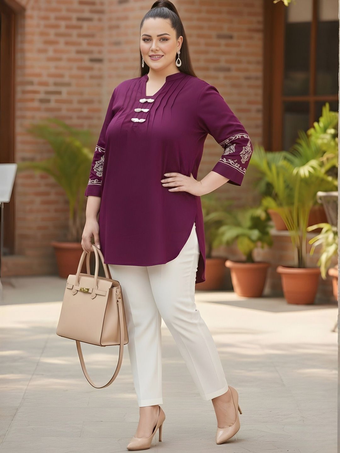 Burgundy Cotton Embroidered Tunic — view 6