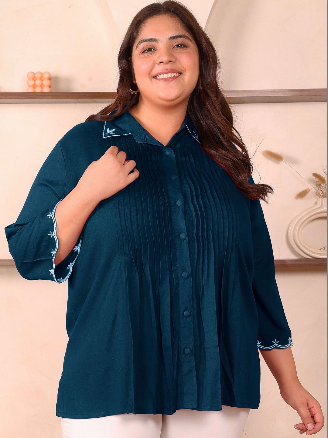 Peacock Blue Rayon Collar Embroidered Tunic — view 4