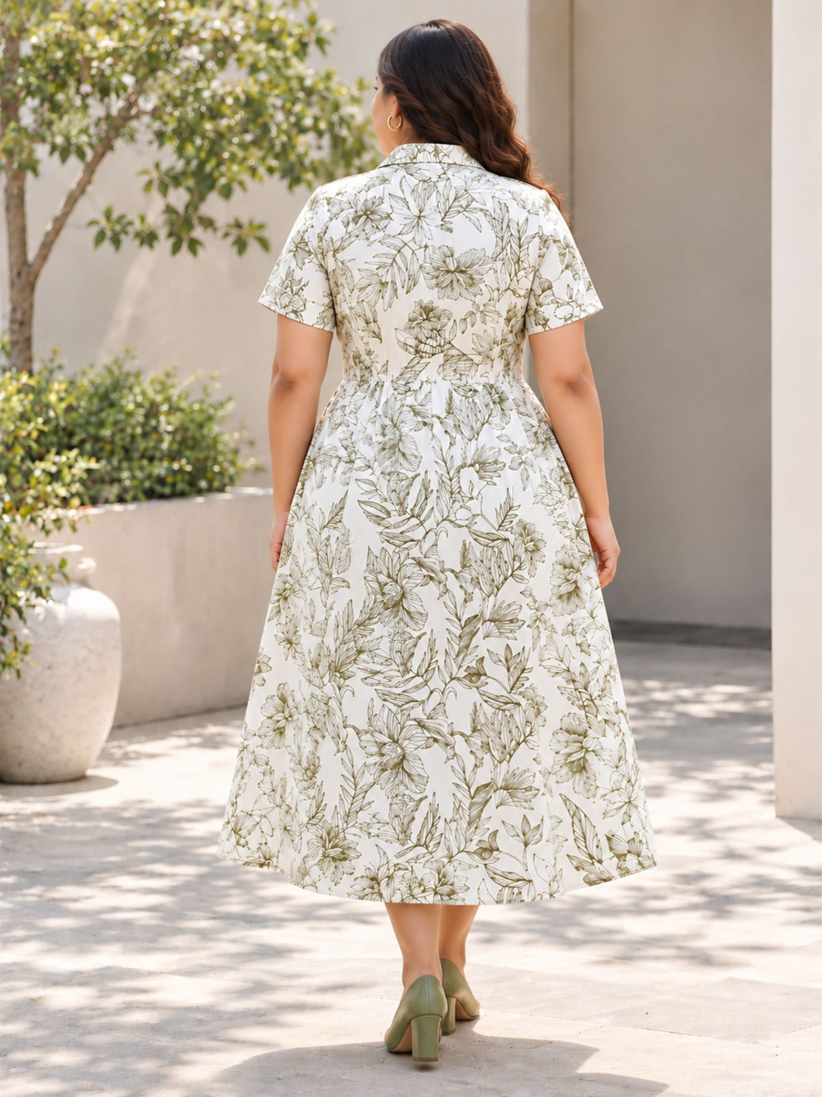 Green Stencil Print Midi Sleeve Dress