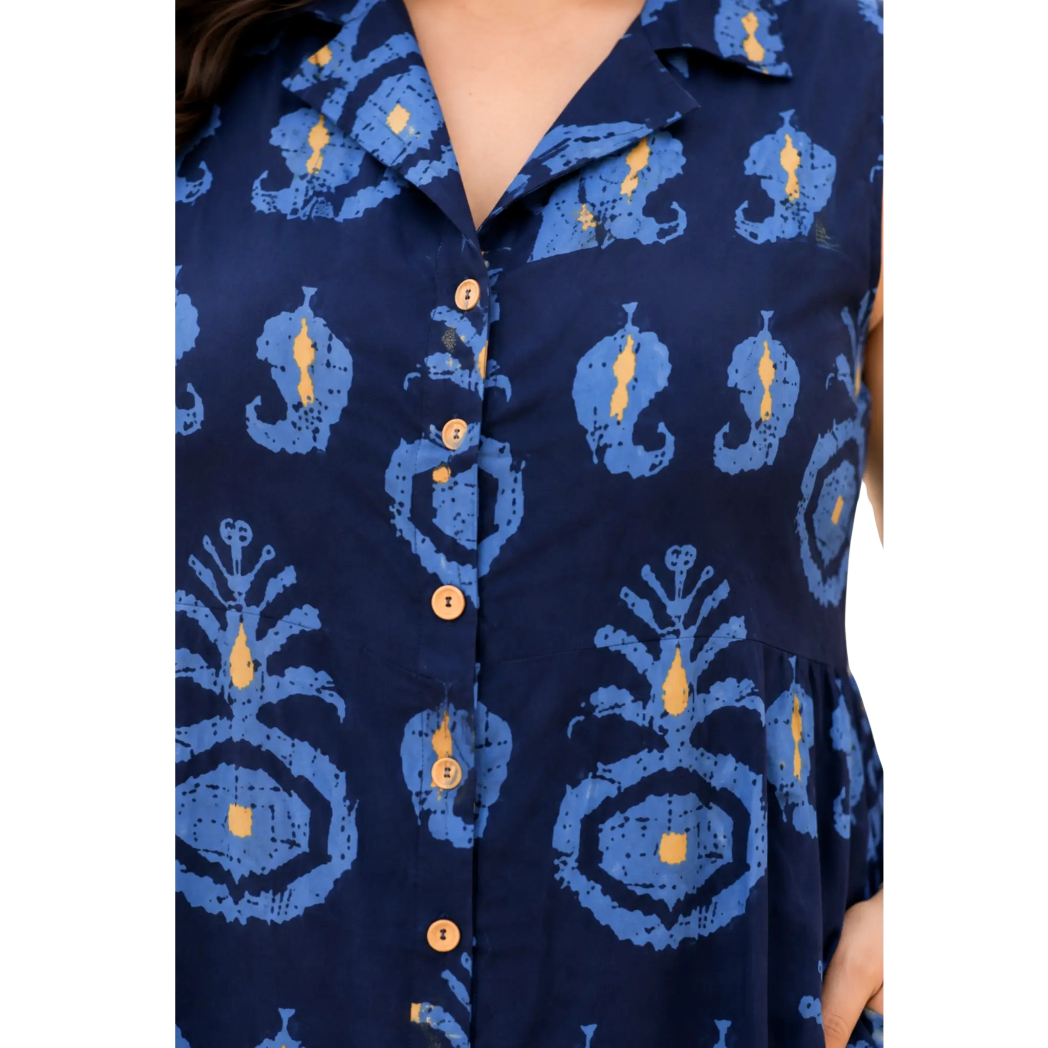 Blue Motif Print Midi Dress