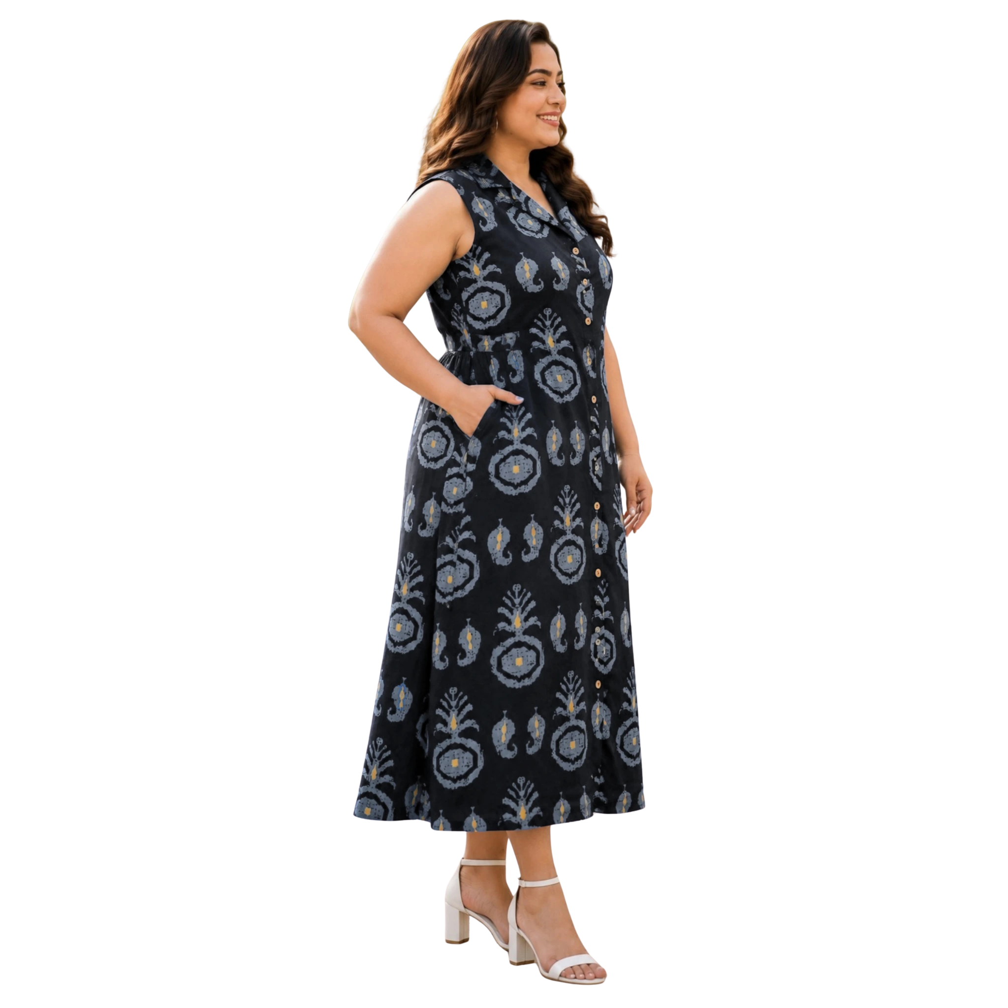 Black Motif Print Midi Dress