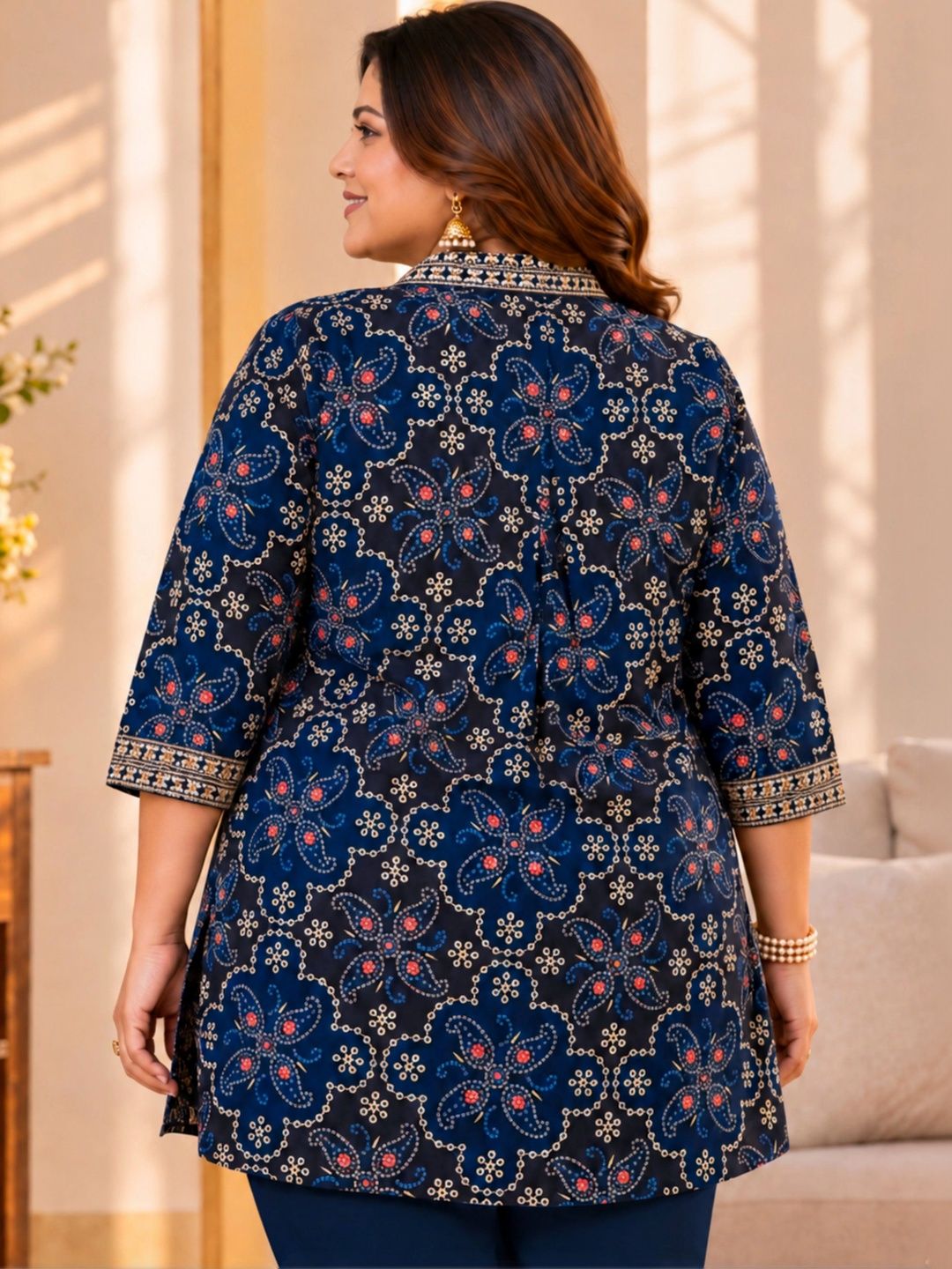 Blue Embroidered Festive Printed Tunic — view 2