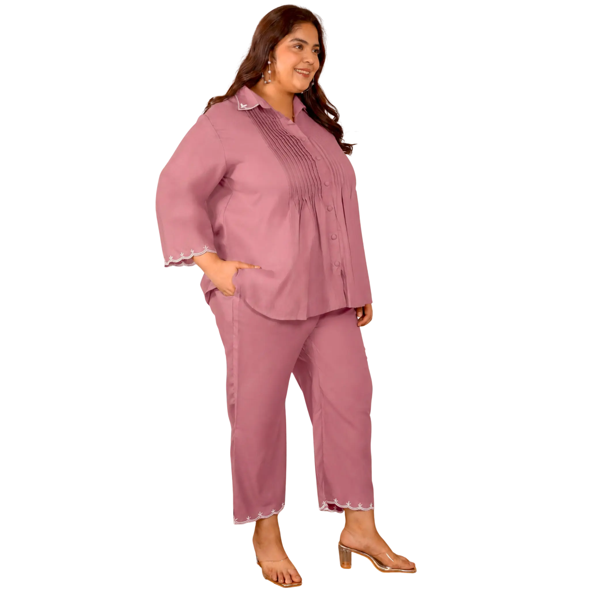 Pink Cotton Collar Embroidered Co Ord Set