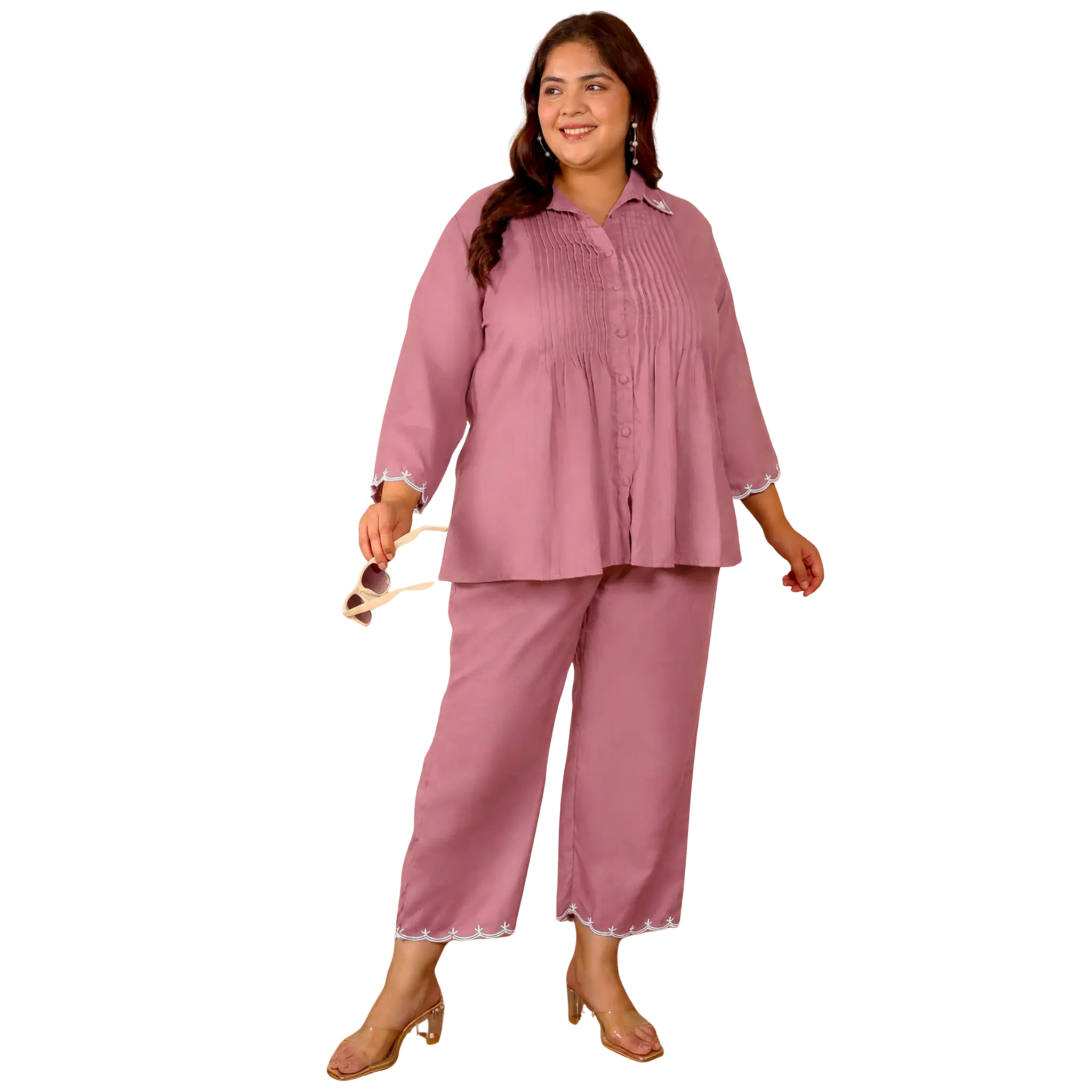Pink Cotton Collar Embroidered Co Ord Set