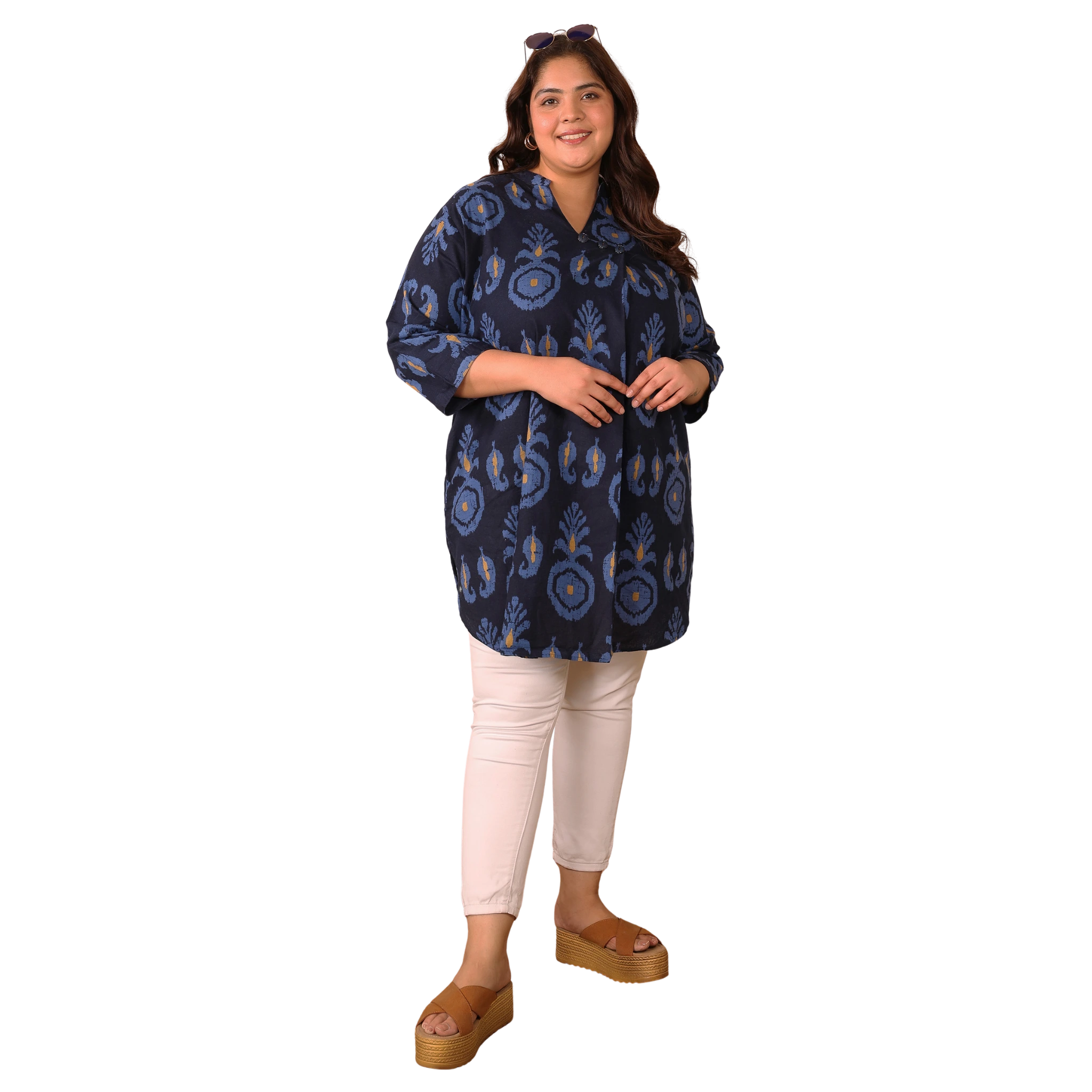 Indigo Blue Cotton Print Plus Size Tunic