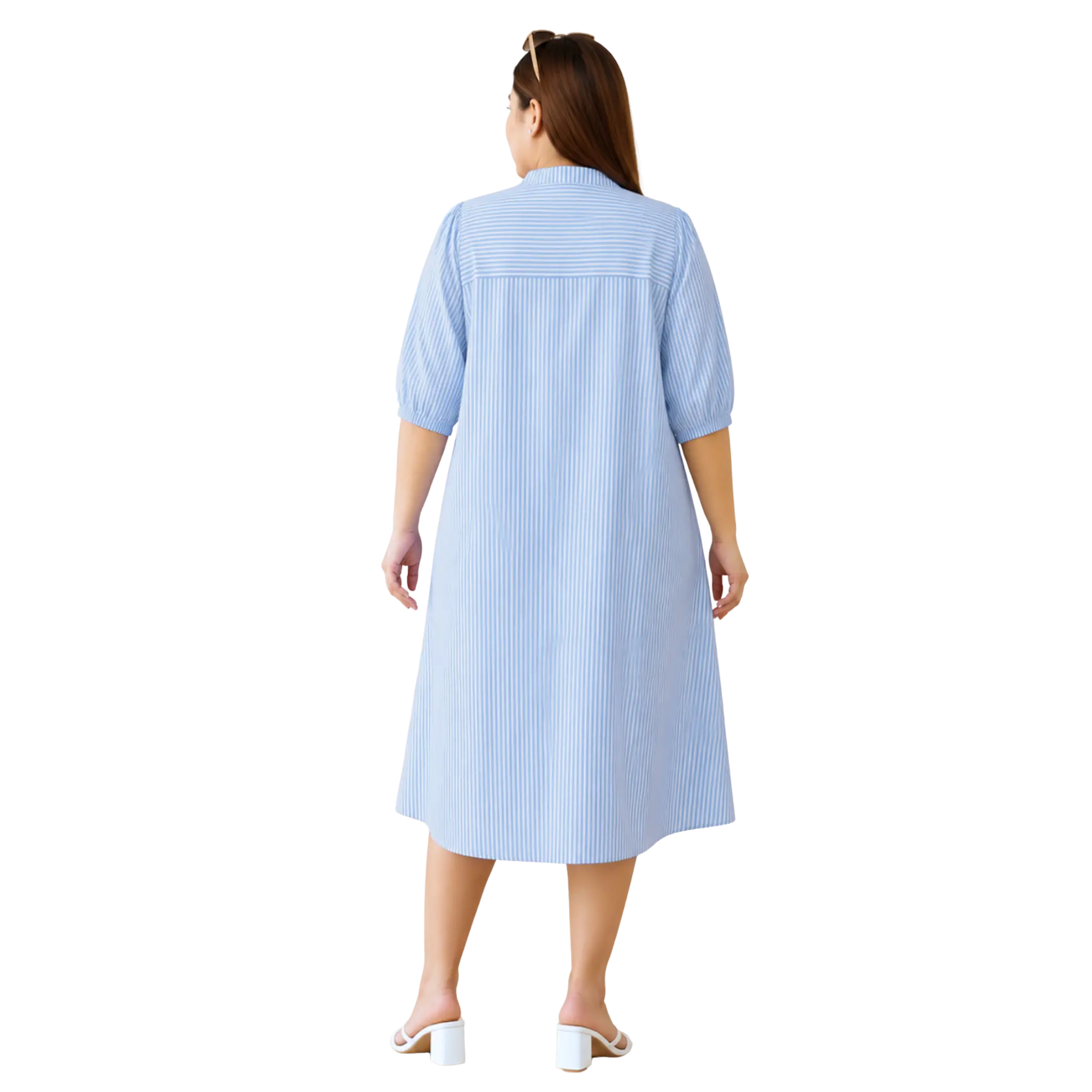 Blue Stripe Print Linen Midi Dress
