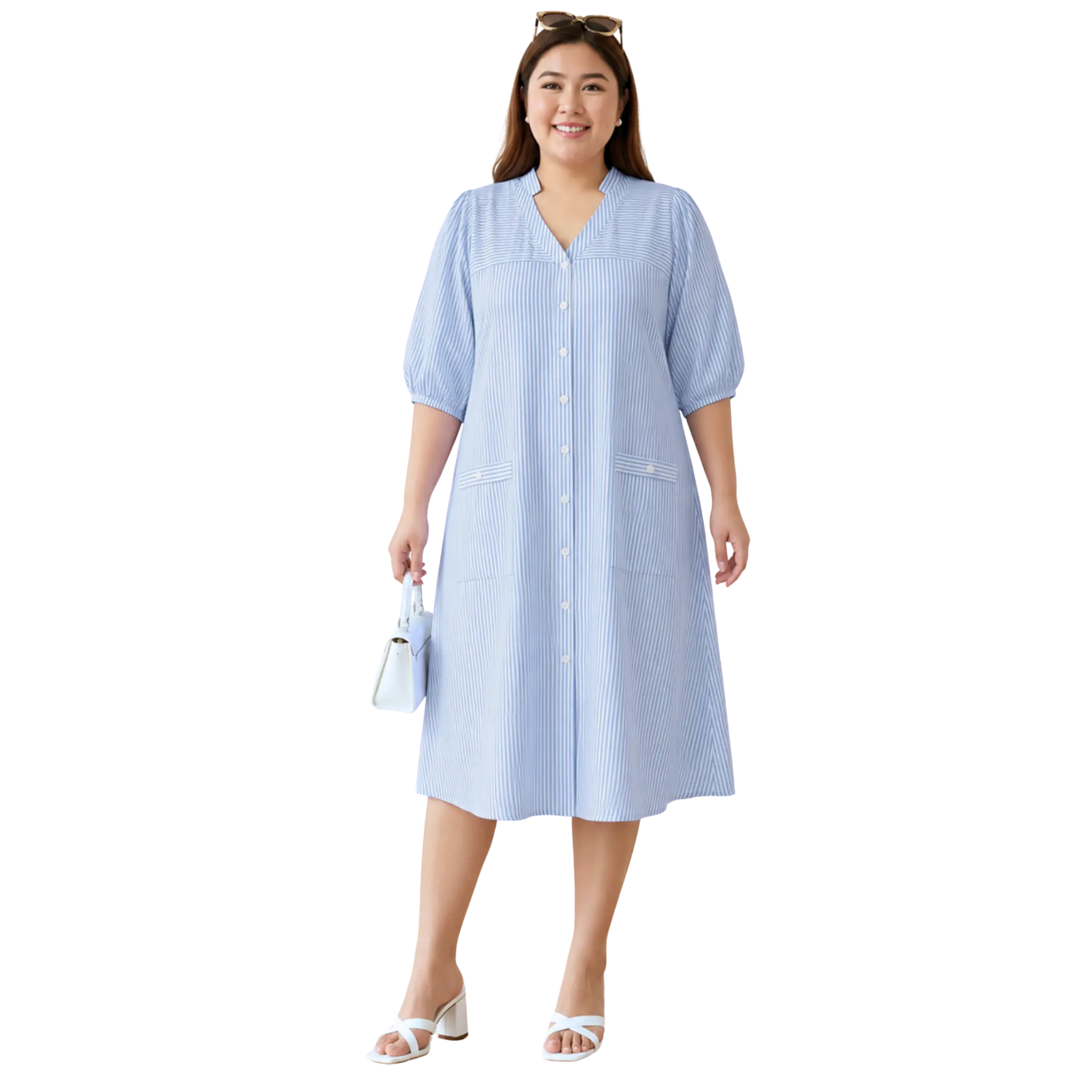 Blue Stripe Print Linen Midi Dress