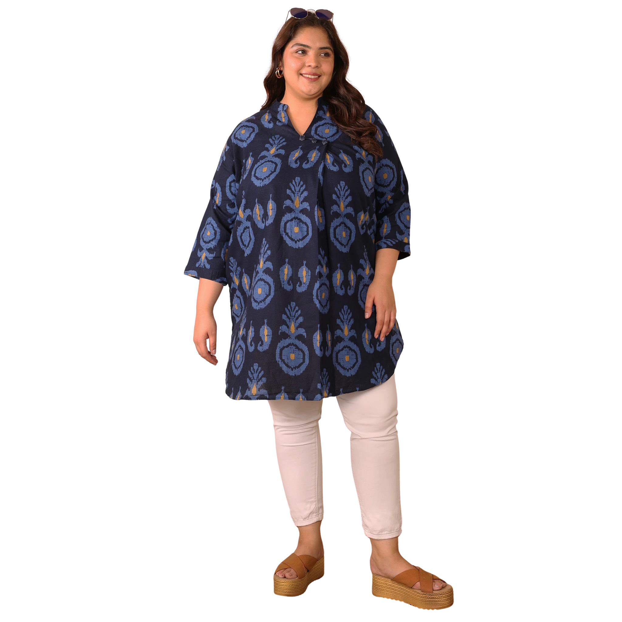 Indigo Blue Cotton Print Plus Size Tunic