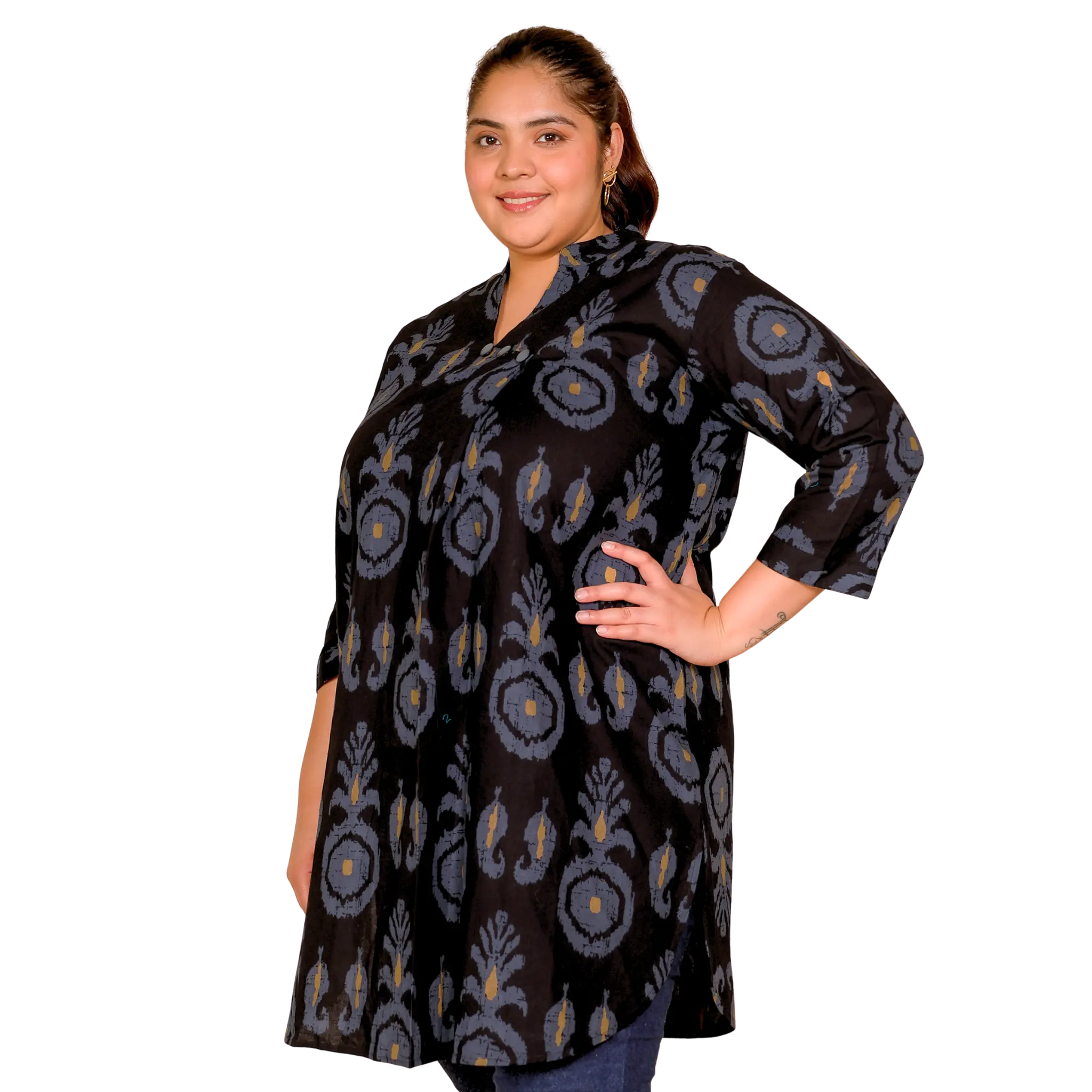 Black Cotton Print Plus Size Tunic