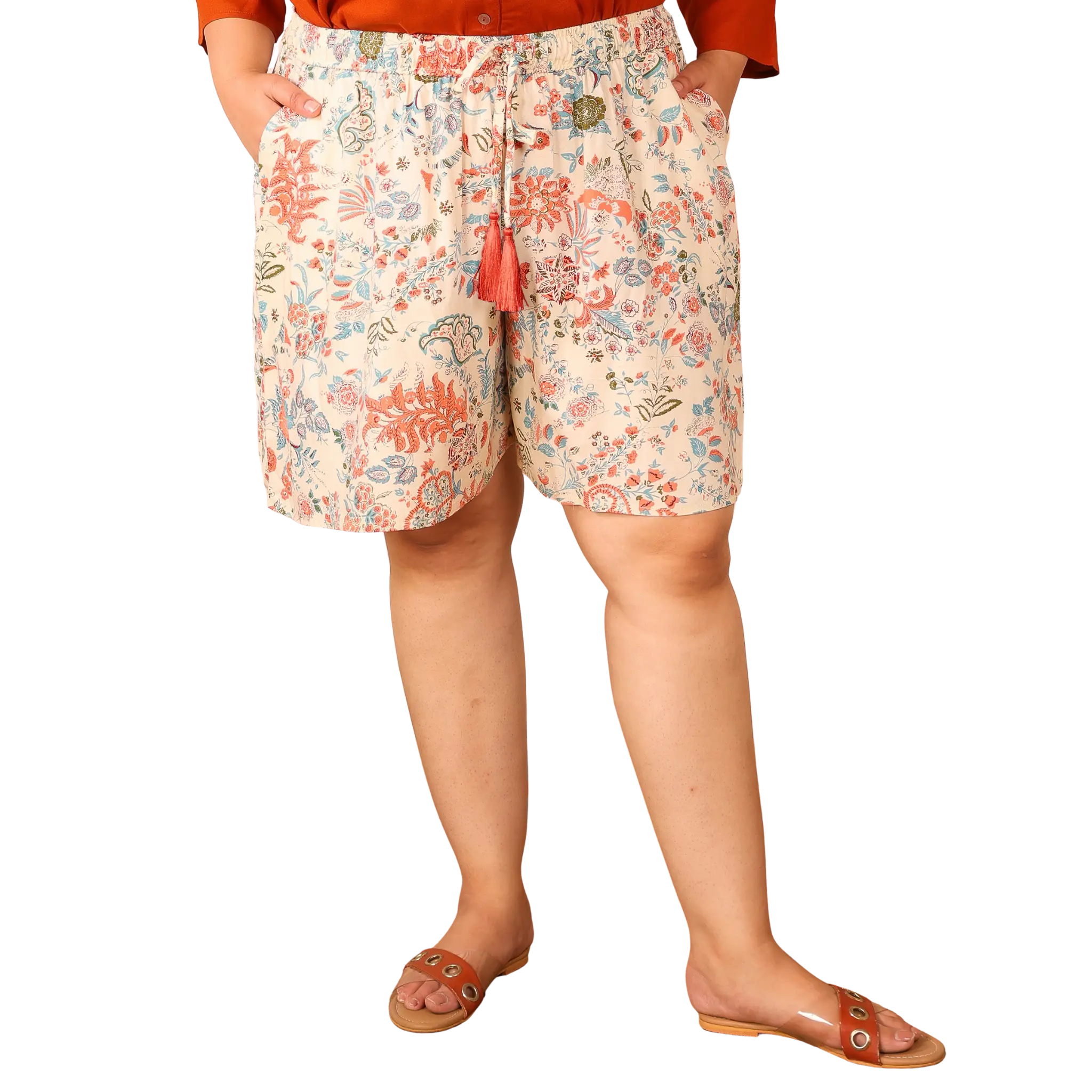 Orange Floral Print Plus Size Shorts