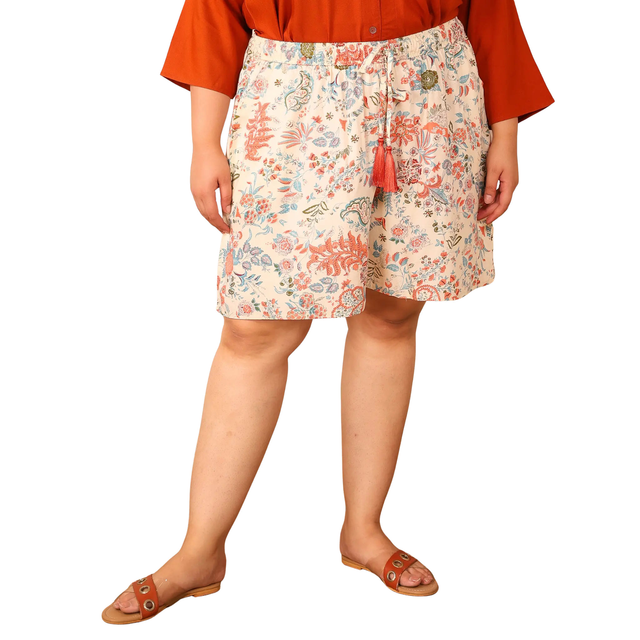 Orange Floral Print Plus Size Shorts