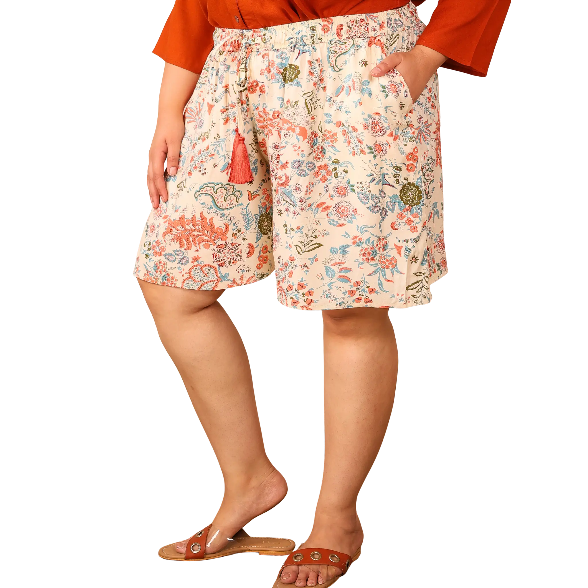 Orange Floral Print Plus Size Shorts