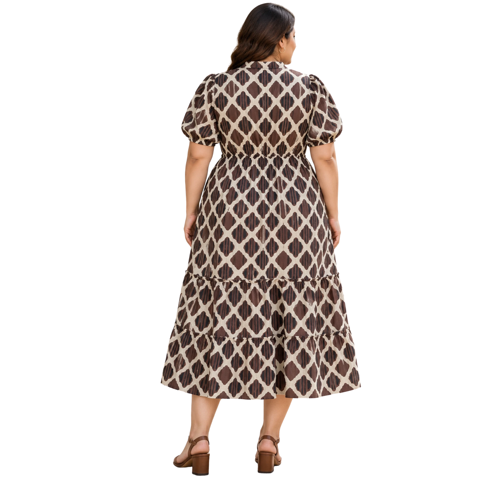 Brown Motif Tiered Plus Size Dress