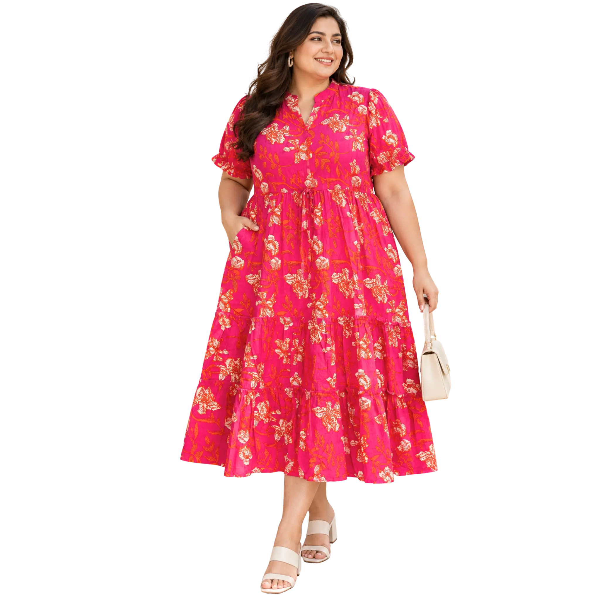 Orange Floral Tiered Plus Size Dress
