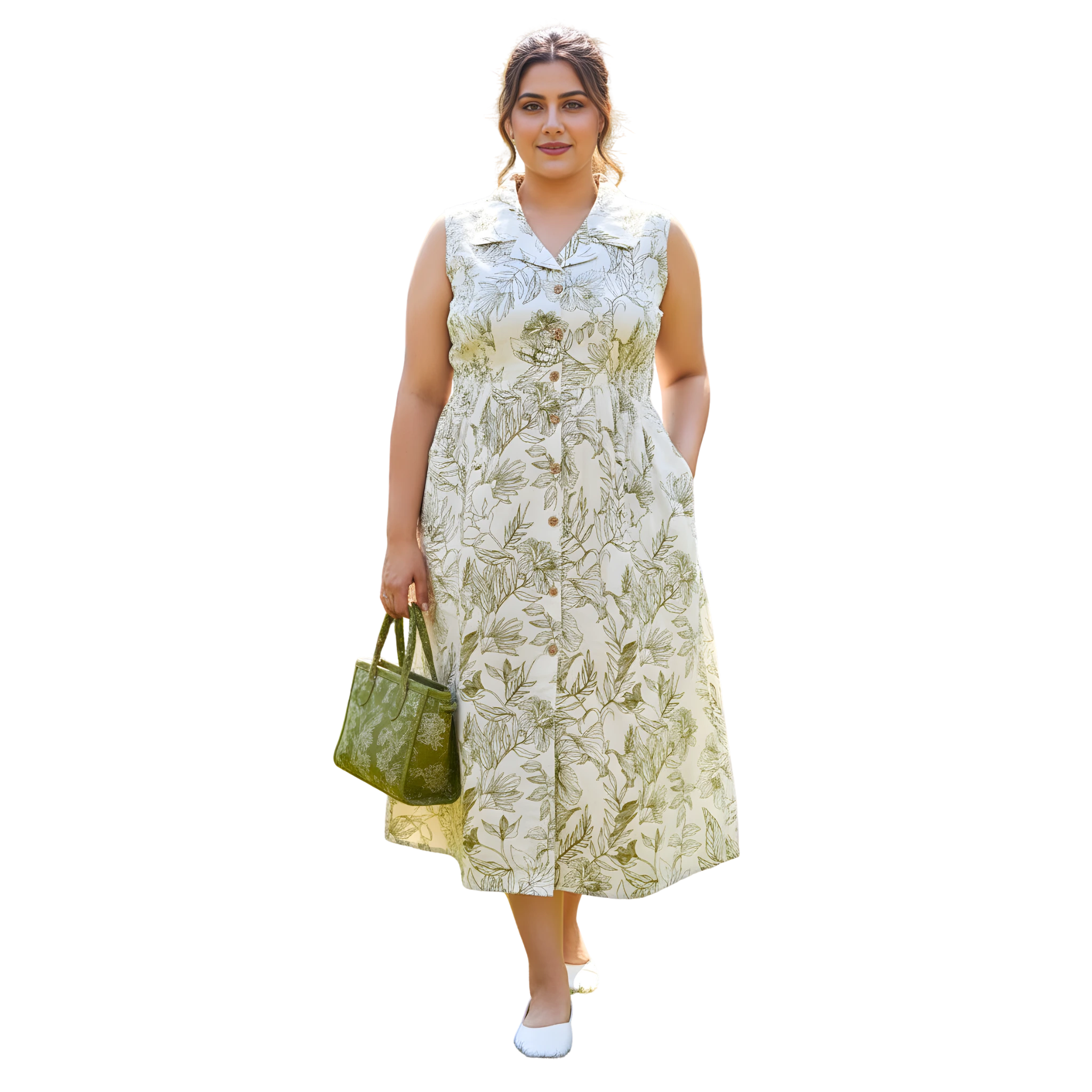 Green Stencil Print Midi Dress