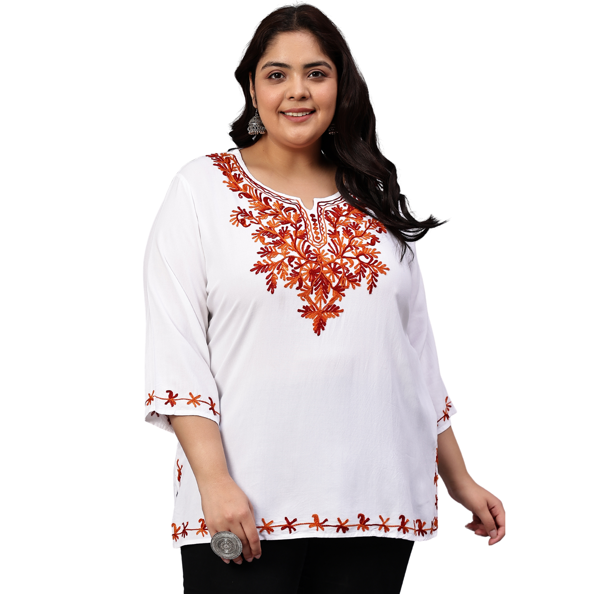 White And Red Embroidered Plus Size Tunic