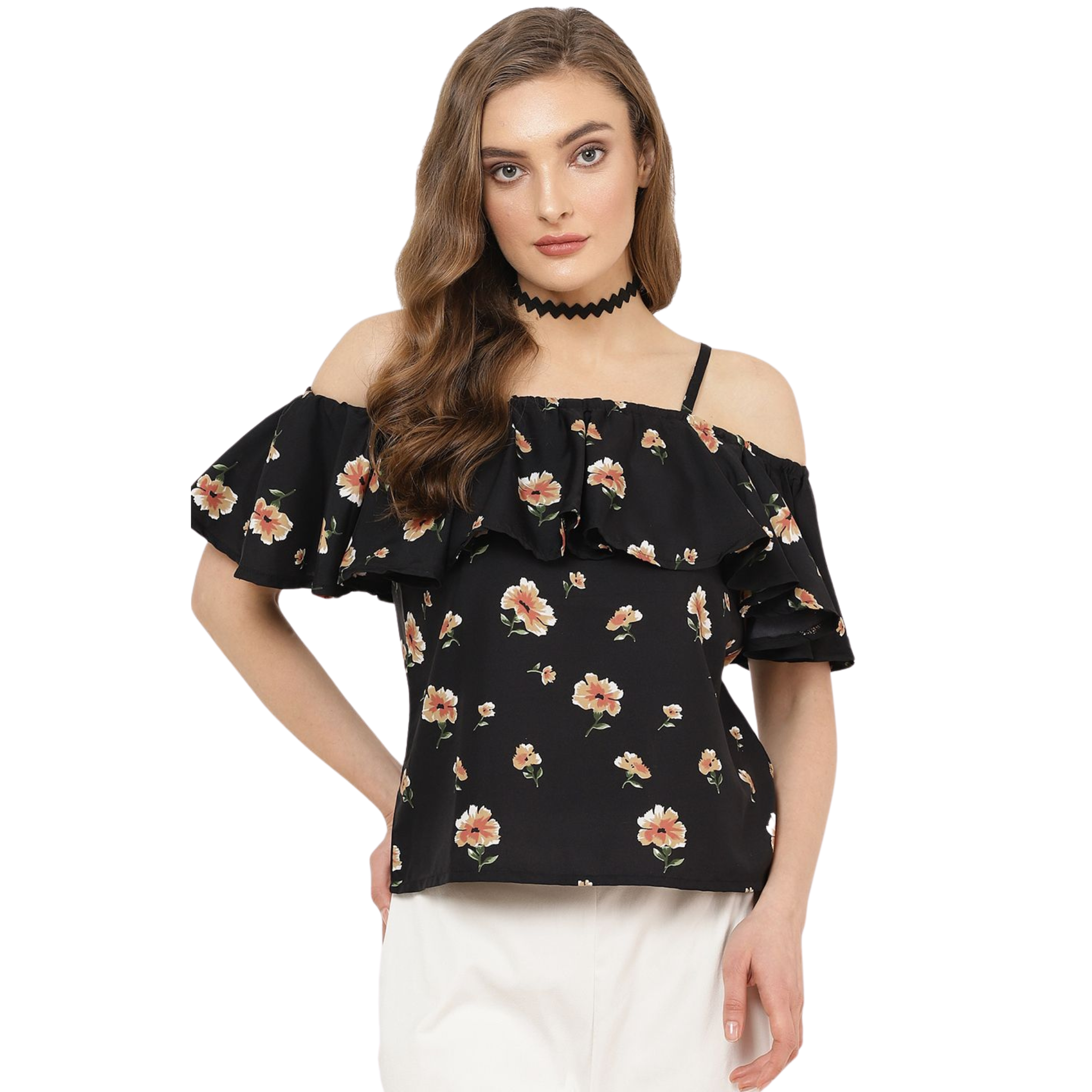 Black Floral Print Cold Shoulder Top