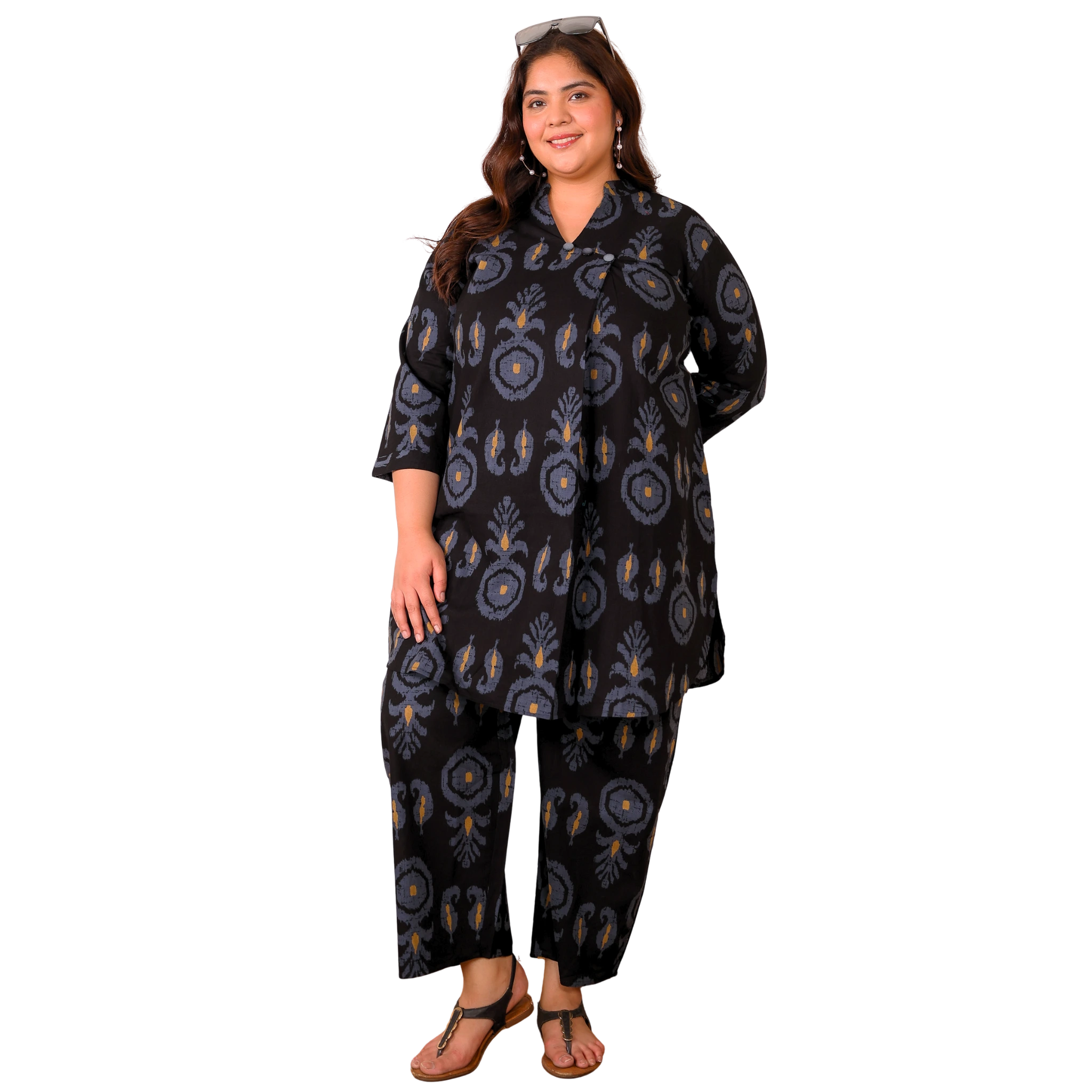 Black Cotton Print Plus Size Co Ord Set
