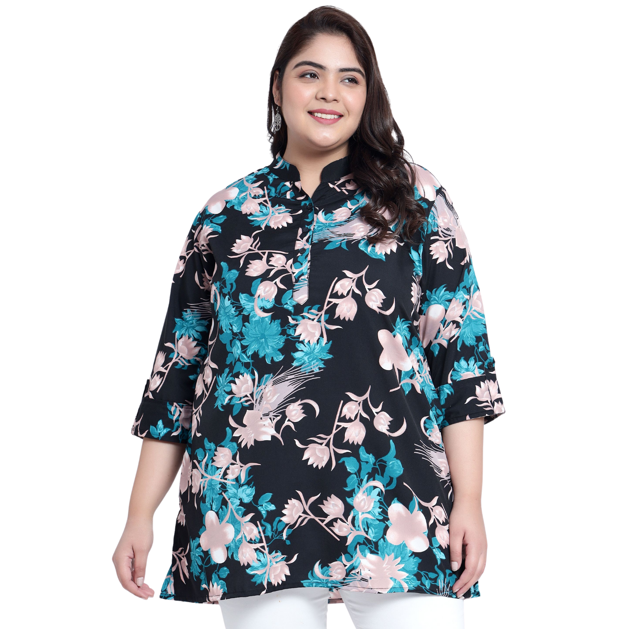 Green and Pink Floral Print Plus Size Tunic