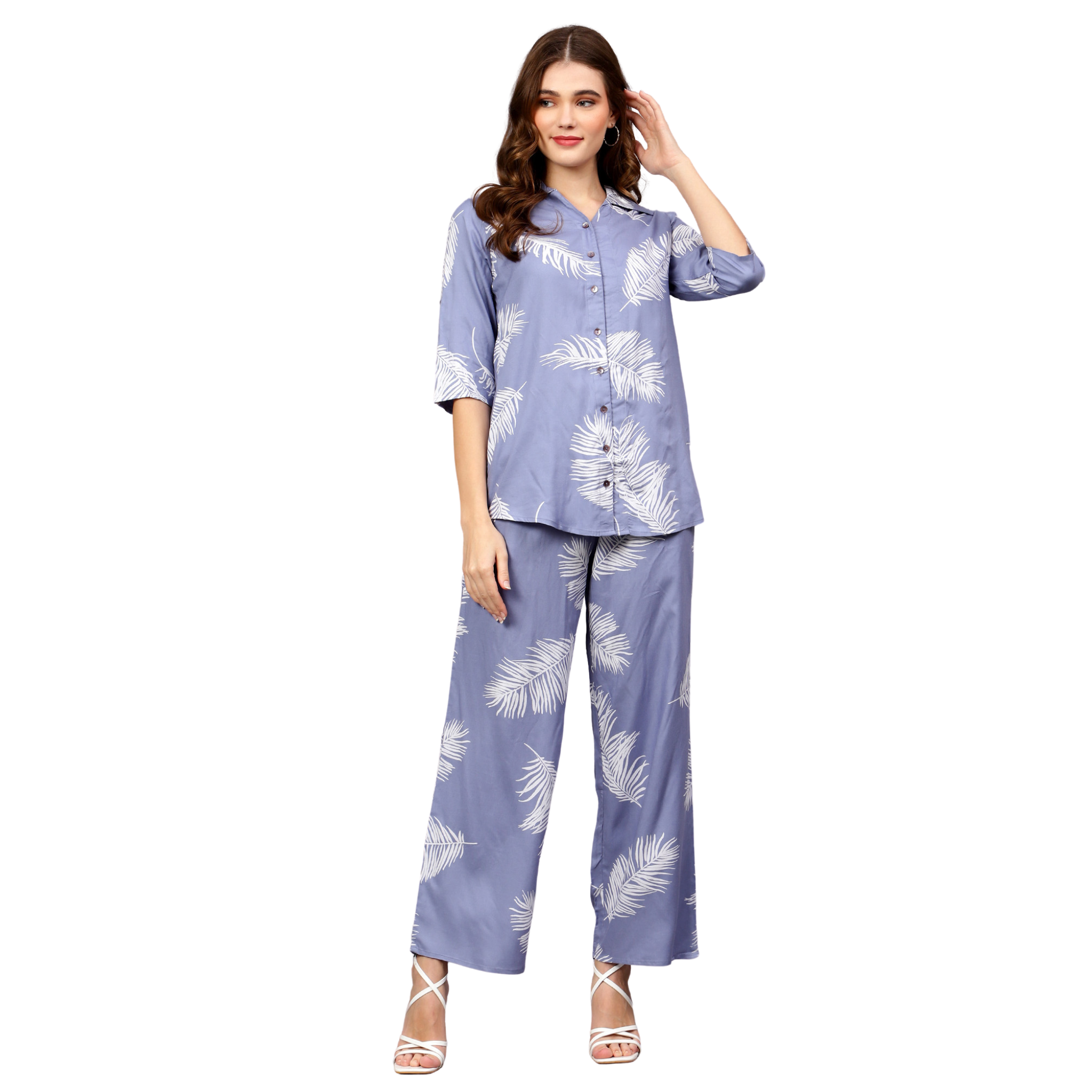 Blue Leaf Print Co-Ord Set