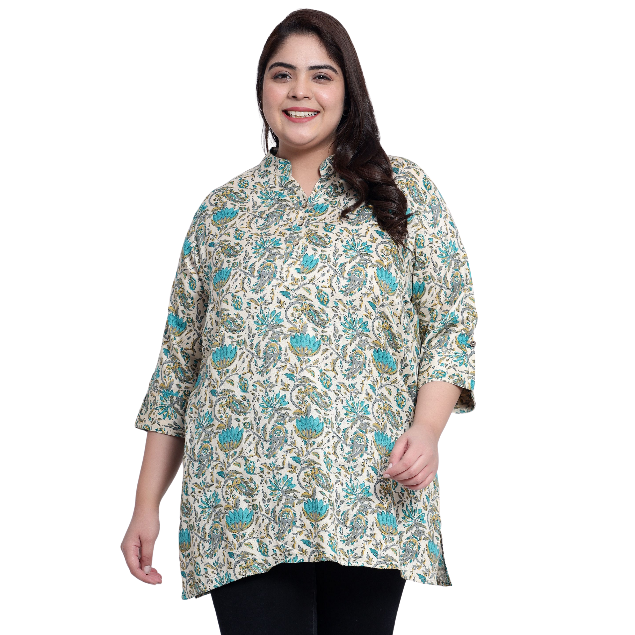 Green and Beige Floral Print Plus Size Tunic