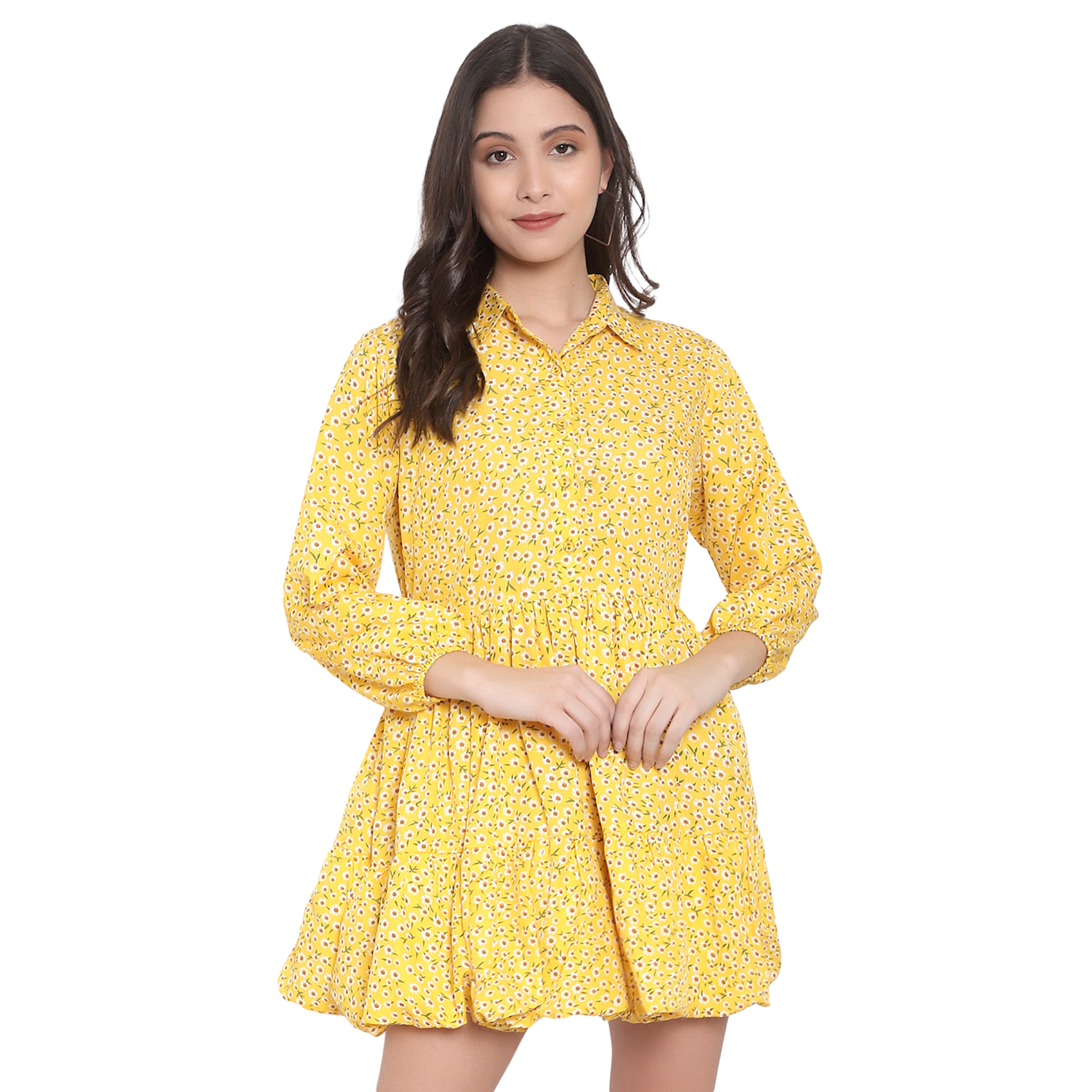 Yellow Floral Print Tiered Dress