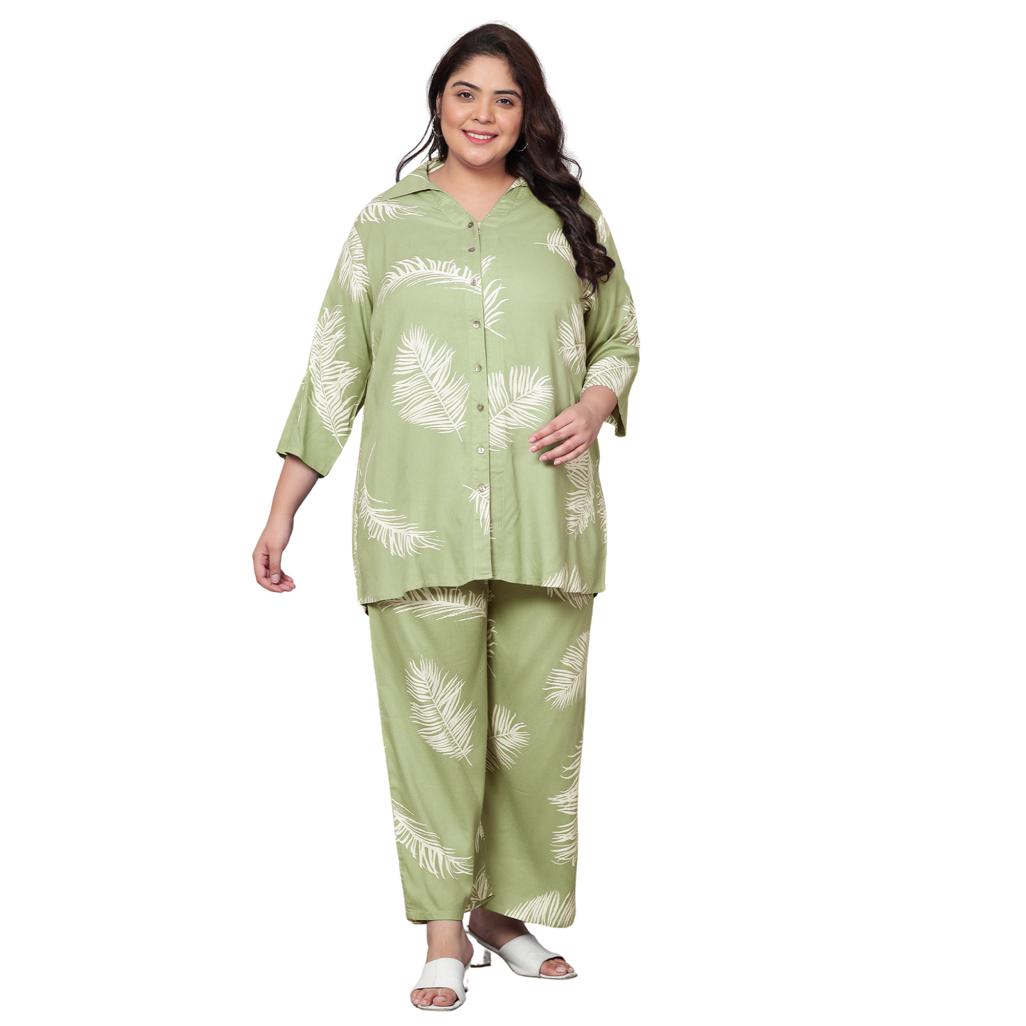 Green Leaf Print Plus Size Co-Ord Set