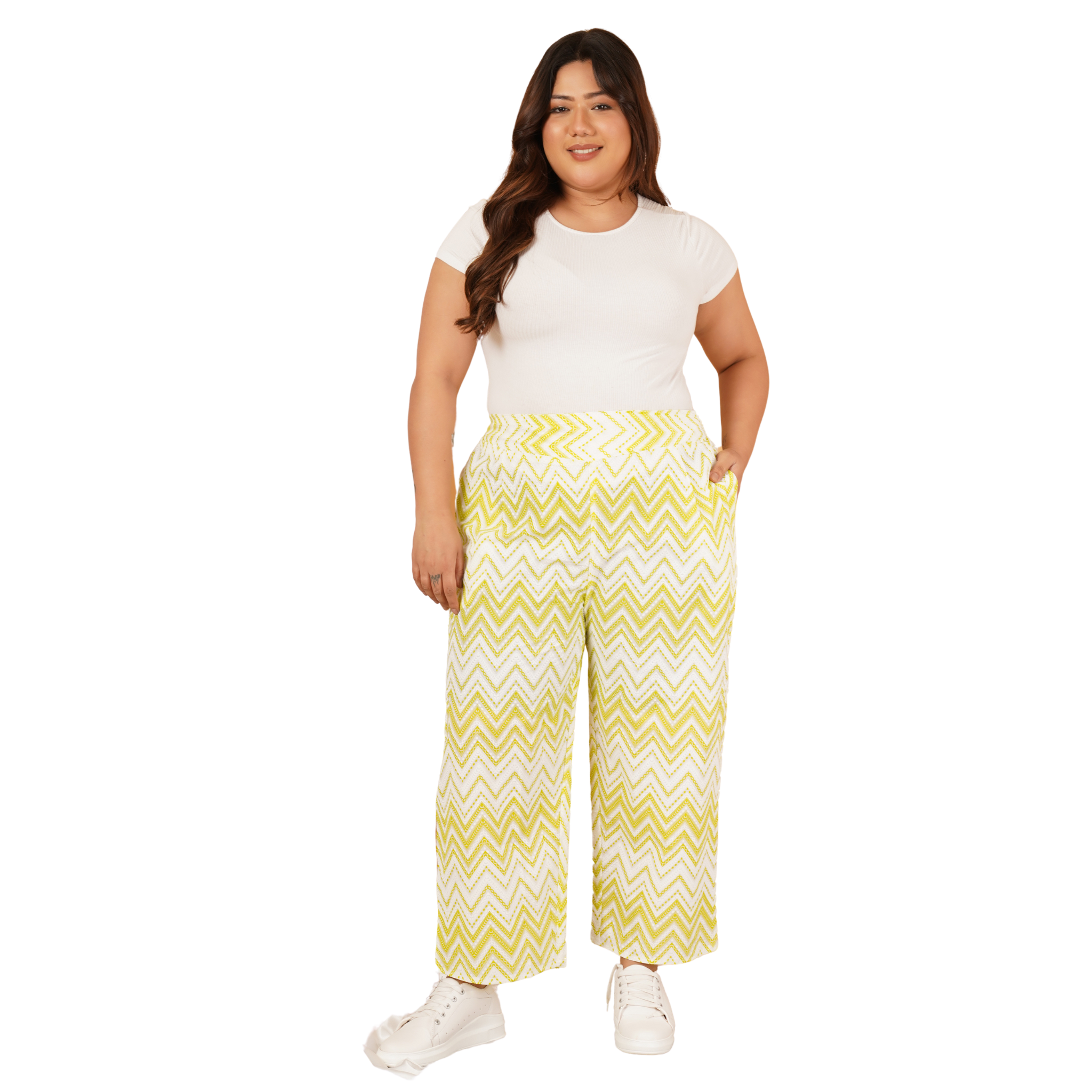 Yellow Stripe Print Plus Size Trouser