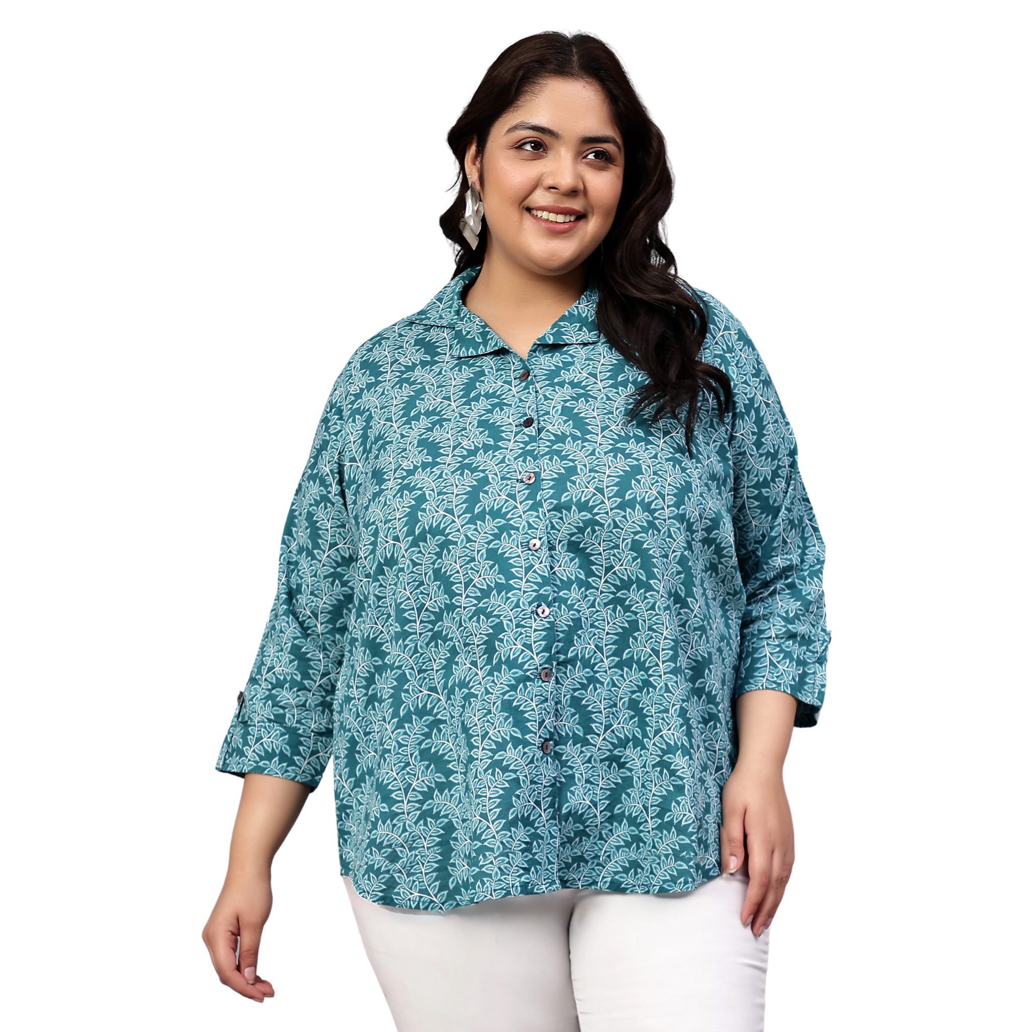 Turquoise Leaf Print Plus Size Shirt