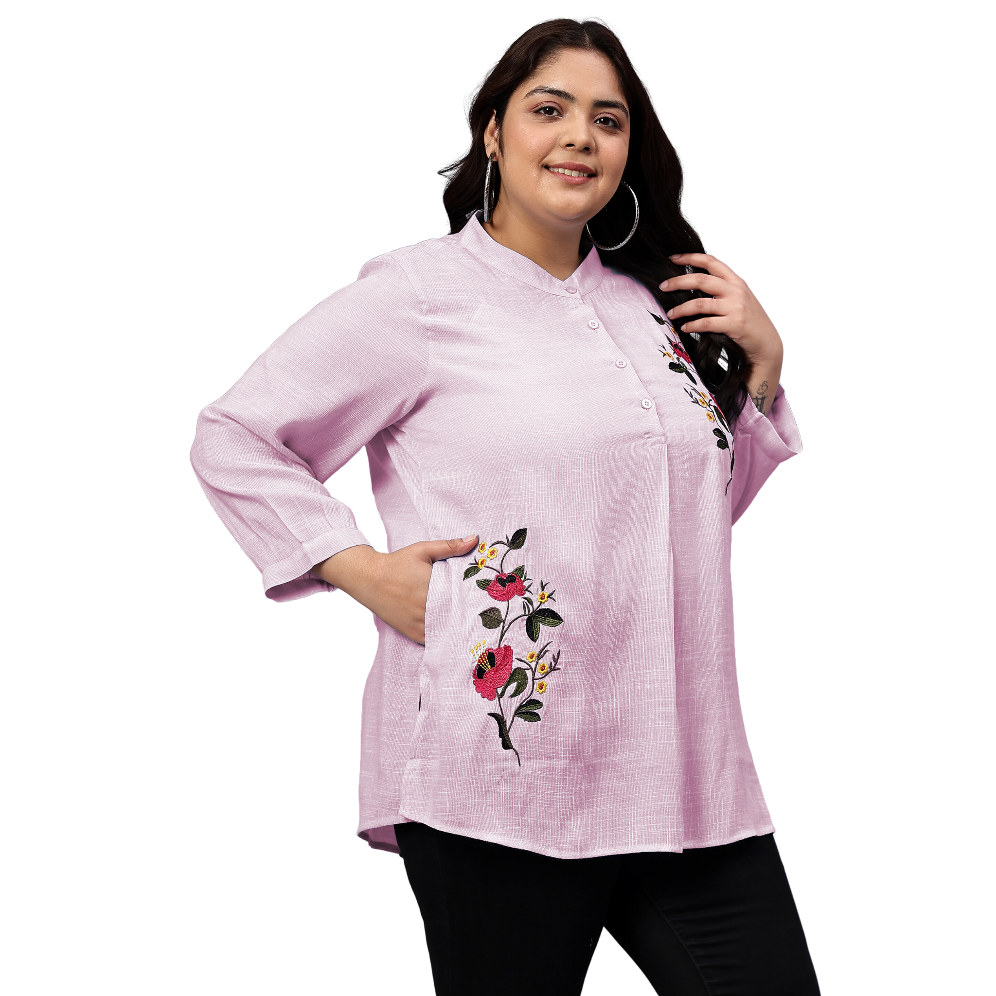 Pink Floral Embroidered Plus Size Tunic