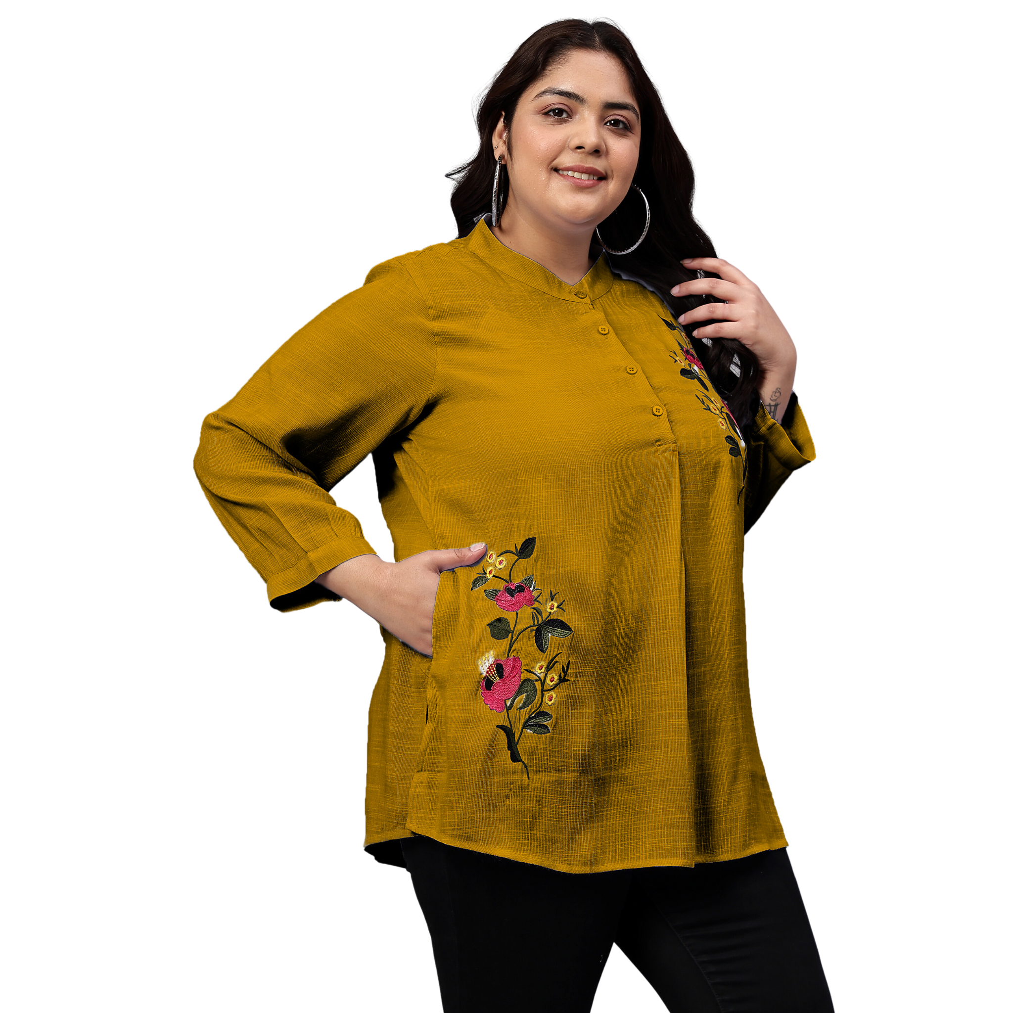 Mustard Floral Embroidered Plus Size Tunic