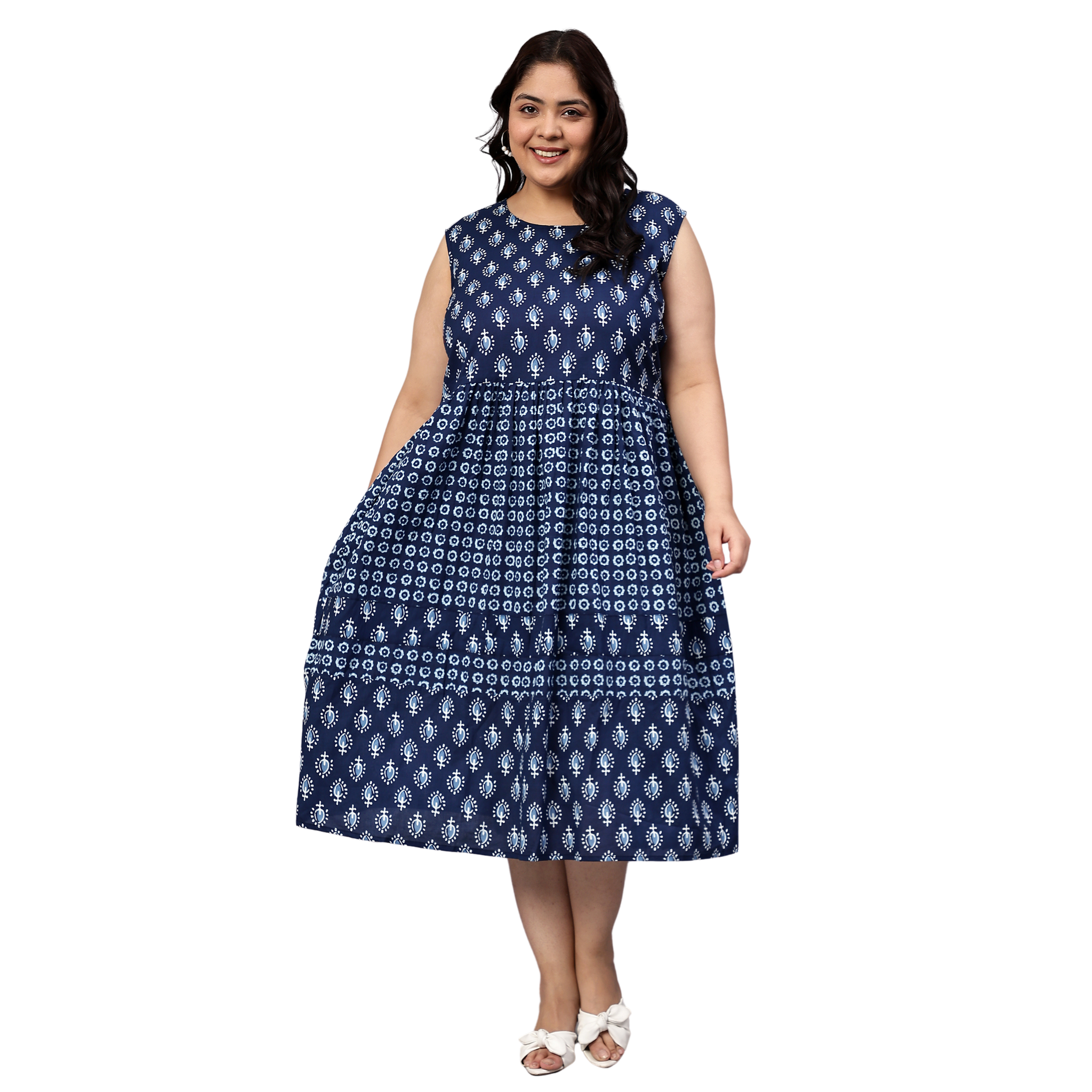 Blue Geometric Print Cotton Plus Size Dress