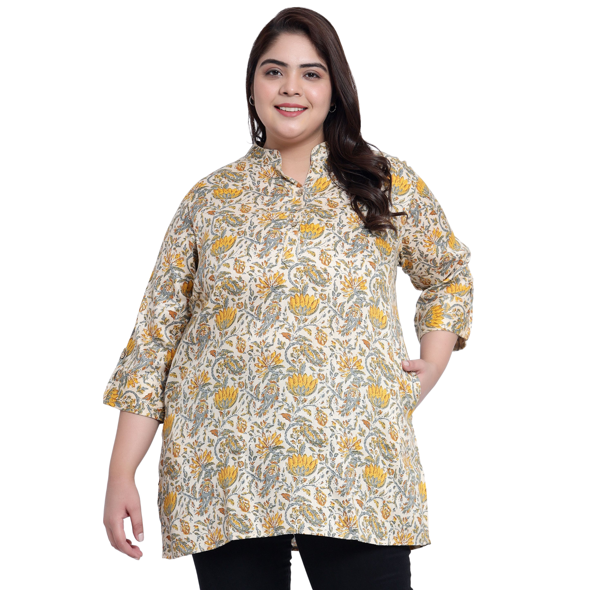 Yellow and Beige Floral Print Plus Size Tunic