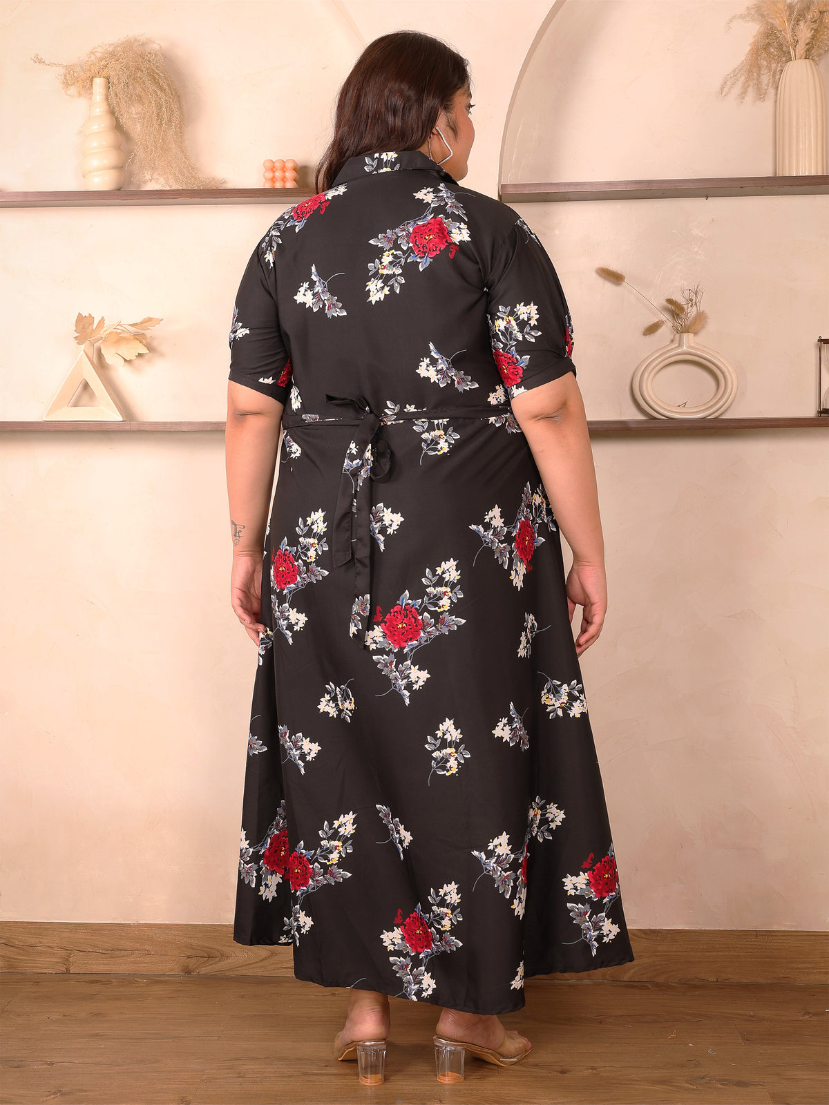 Black and Red Floral Print Plus Size Maxi Dress