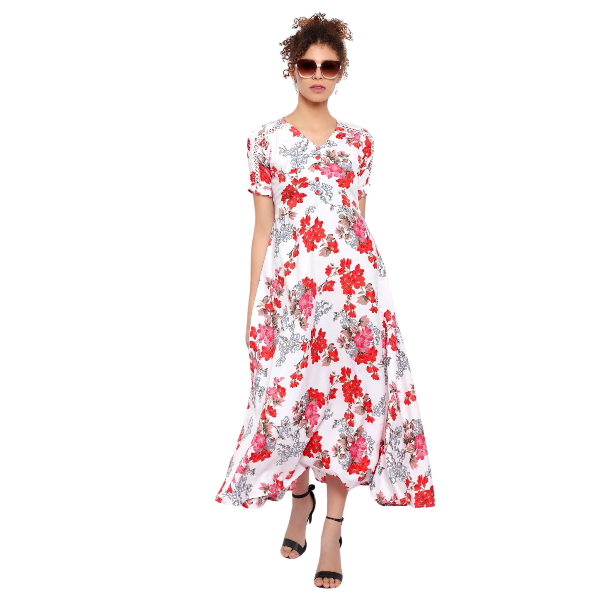 White and Red Floral Print Dress