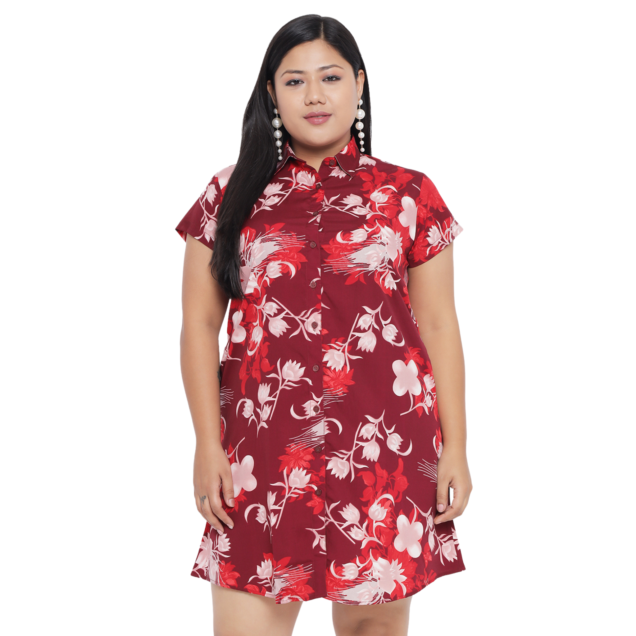 Maroon Floral Plus Size Shirt Dress