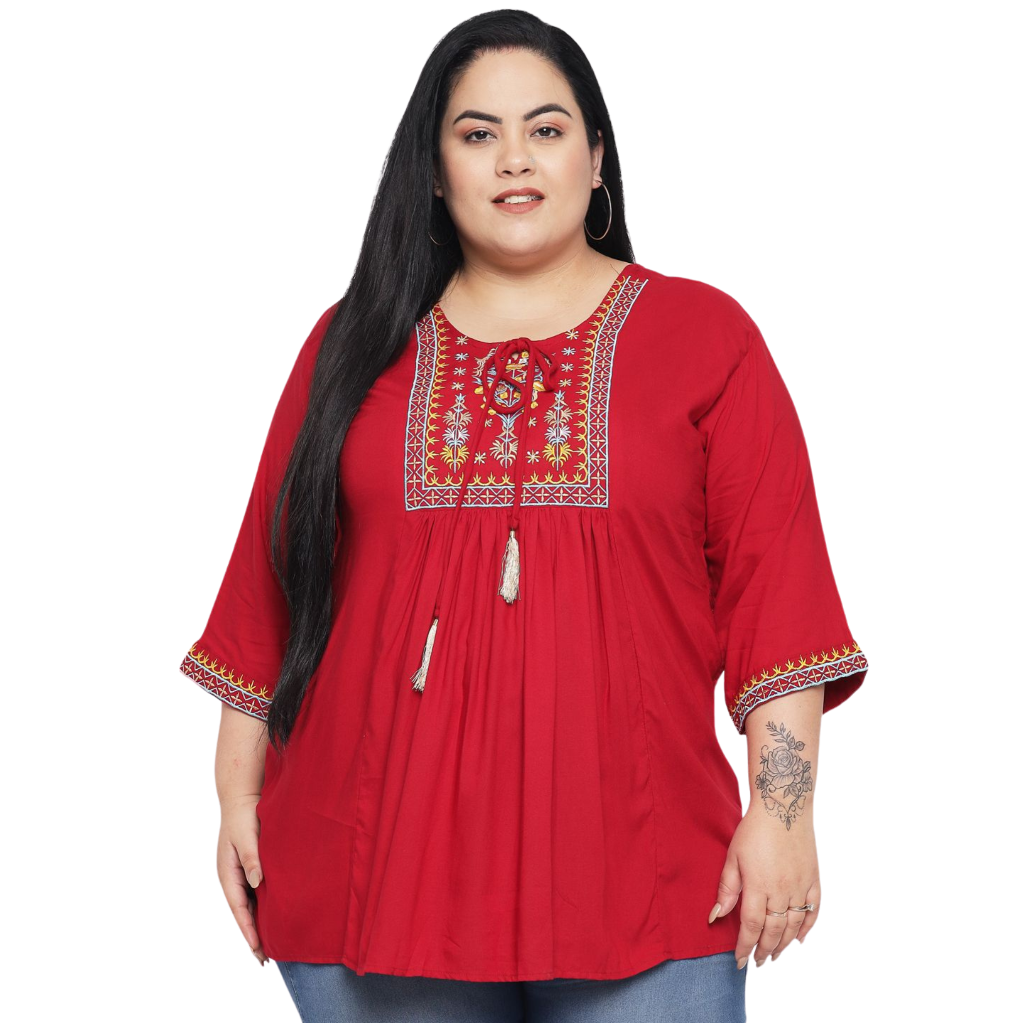 Red Embroidered Plus Size Tunic