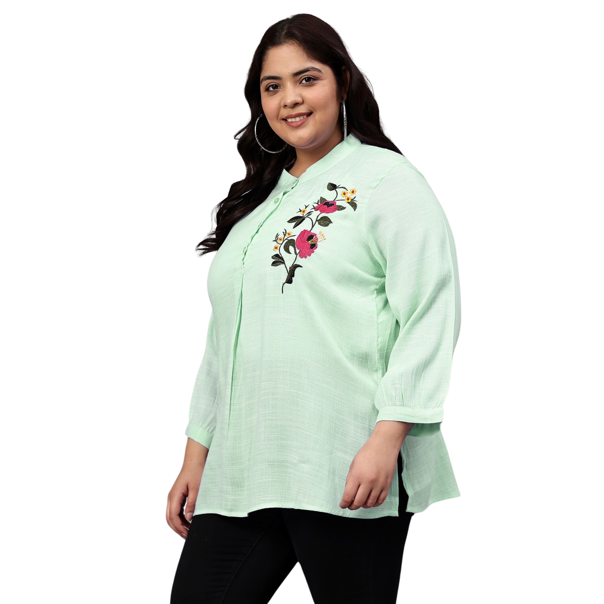 Green Floral Embroidered Plus Size Tunic