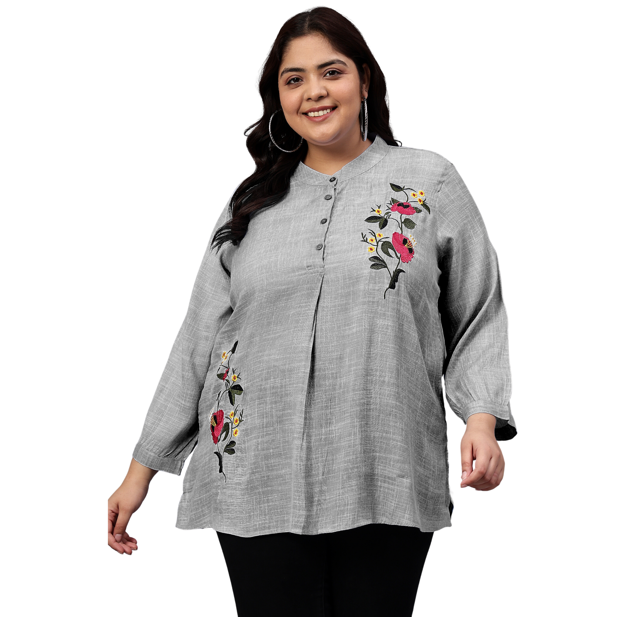 Grey Floral Embroidered Plus Size Tunic