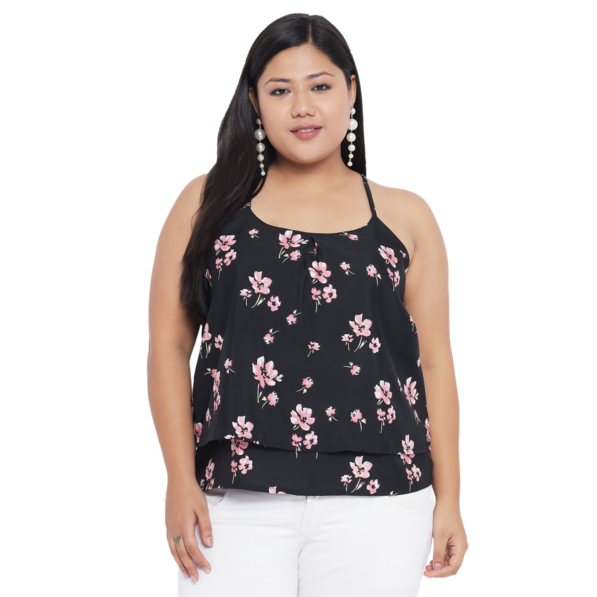 Black Floral Strap Plus Size Top