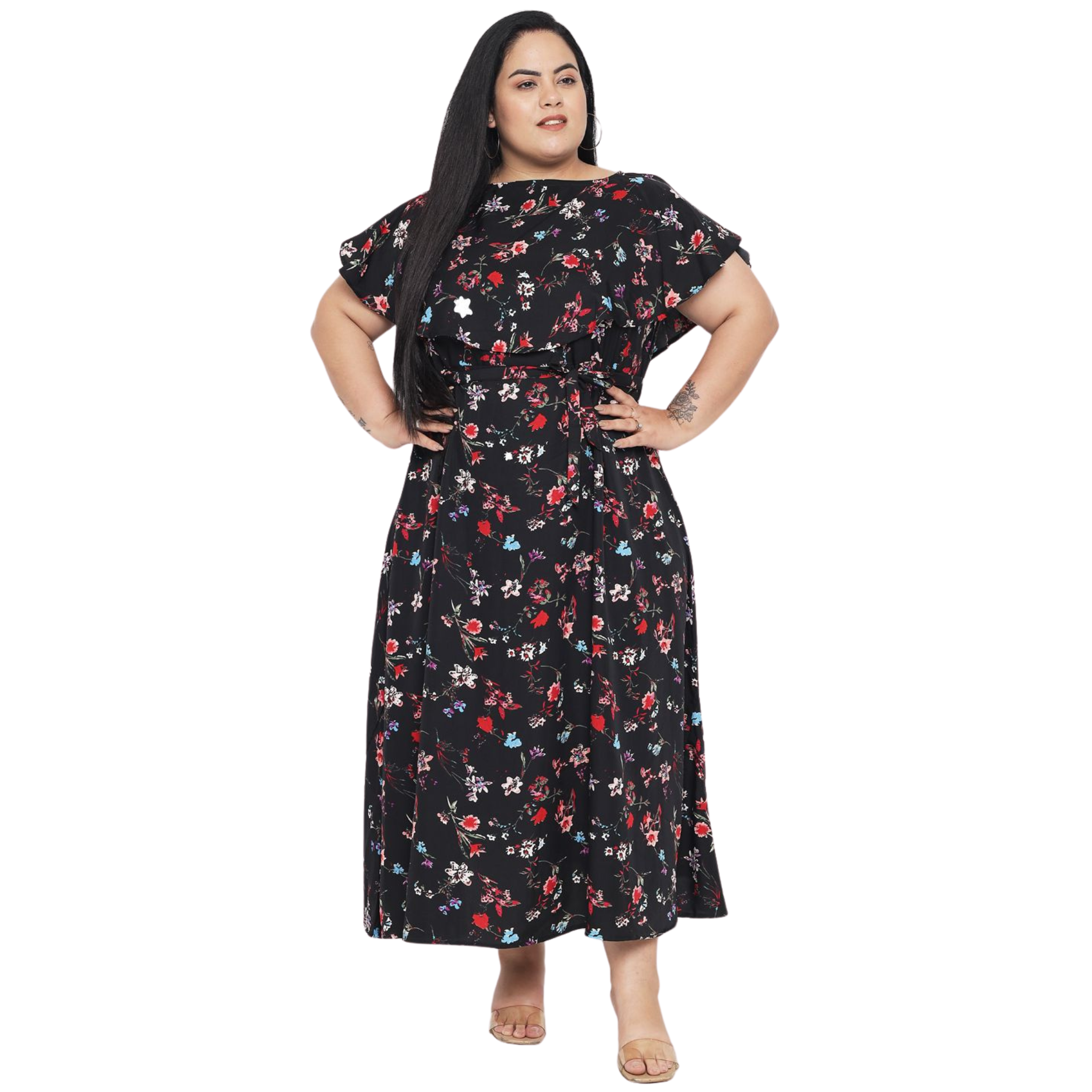 Black Floral Print Plus Size Dress