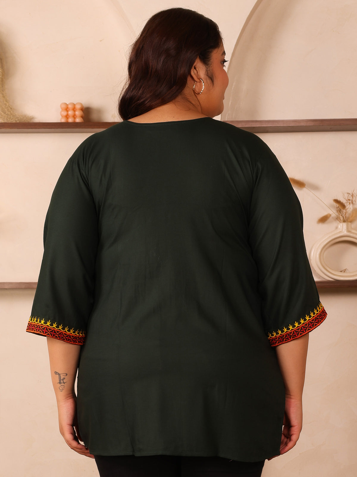 Dark Green Embroidered Plus Size Tunic