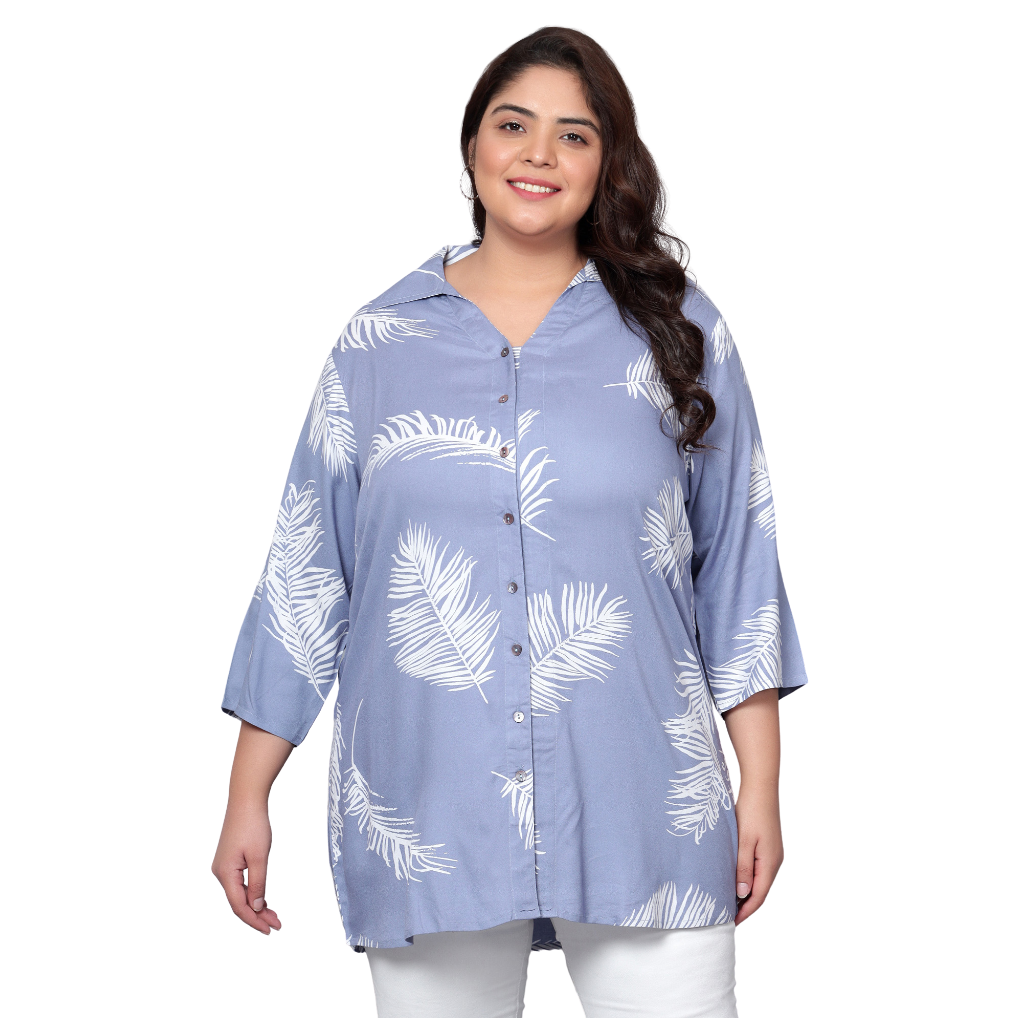 Blue Leaf Print Plus Size Shirt