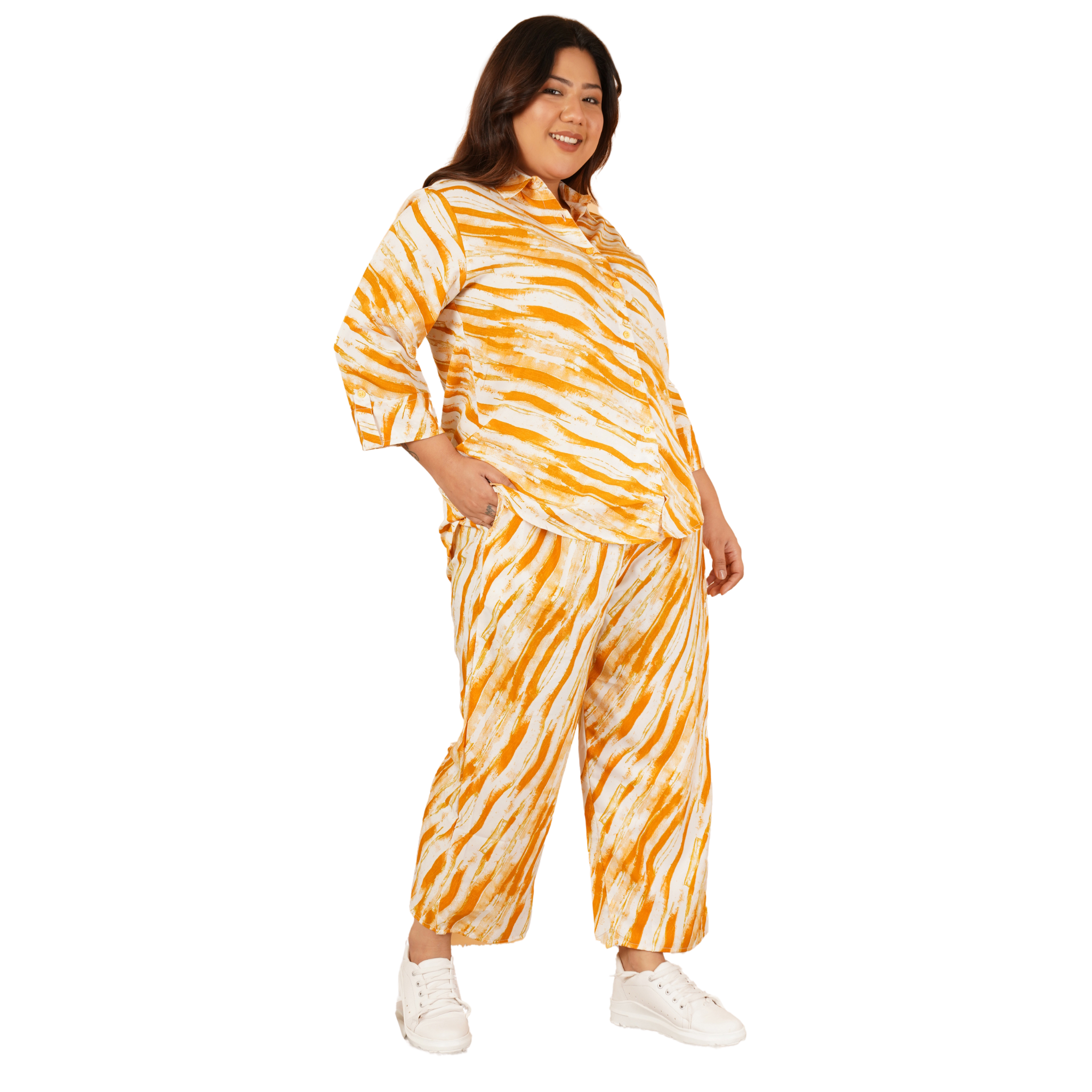 Yellow Leheriya Print Plus Size Co-Ord Set