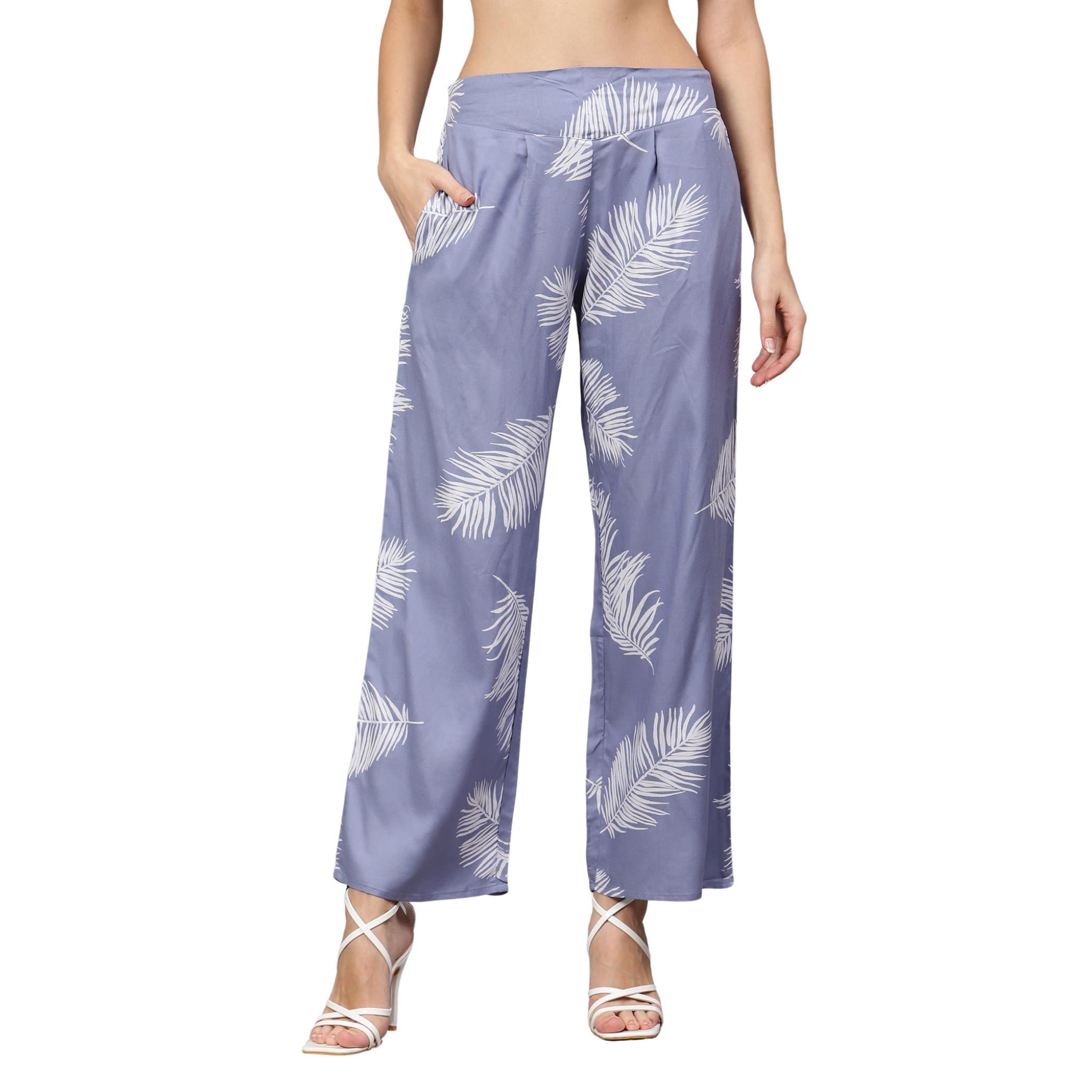 Blue Leaf Print Trousers