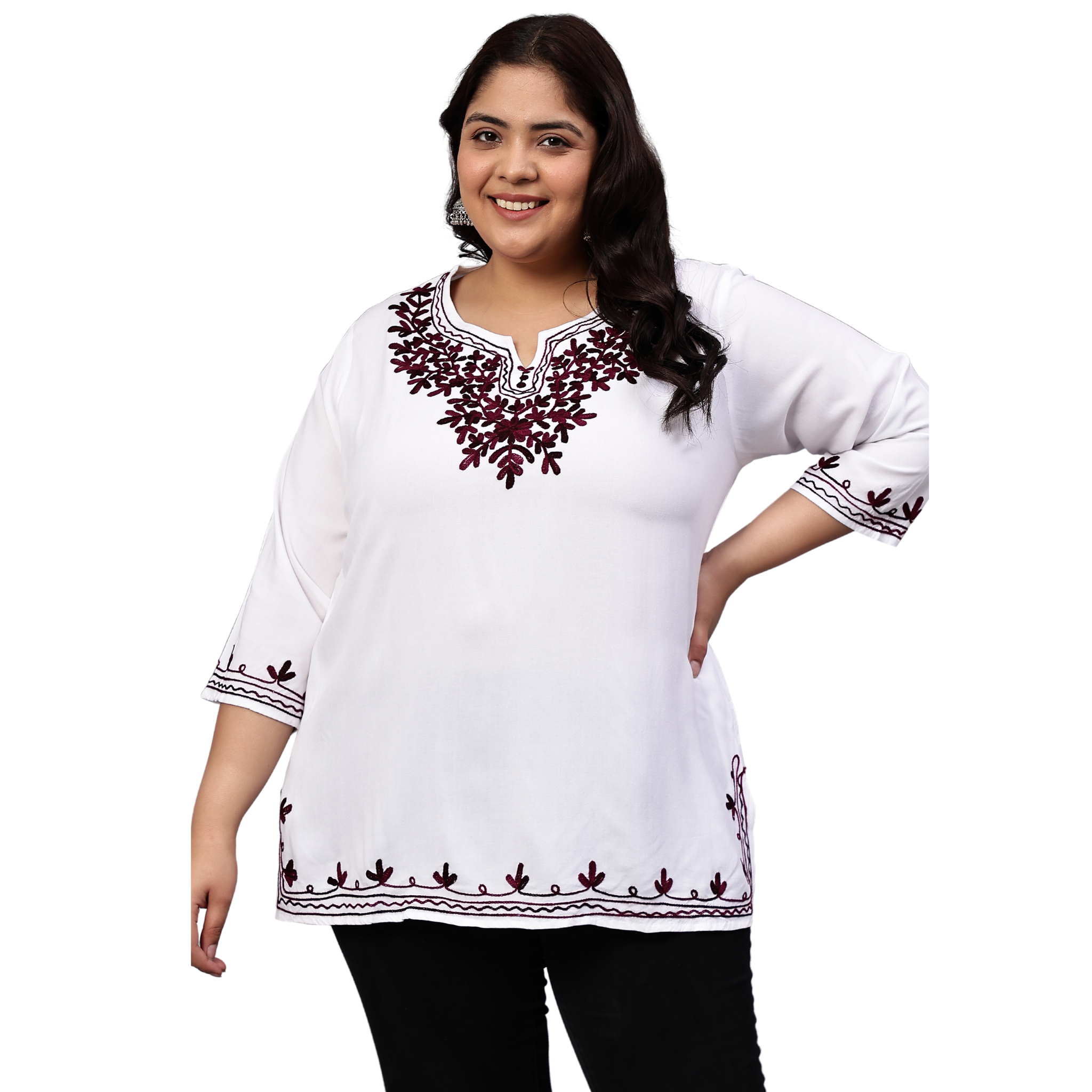 White And Purple Embroidered Plus Size Tunic