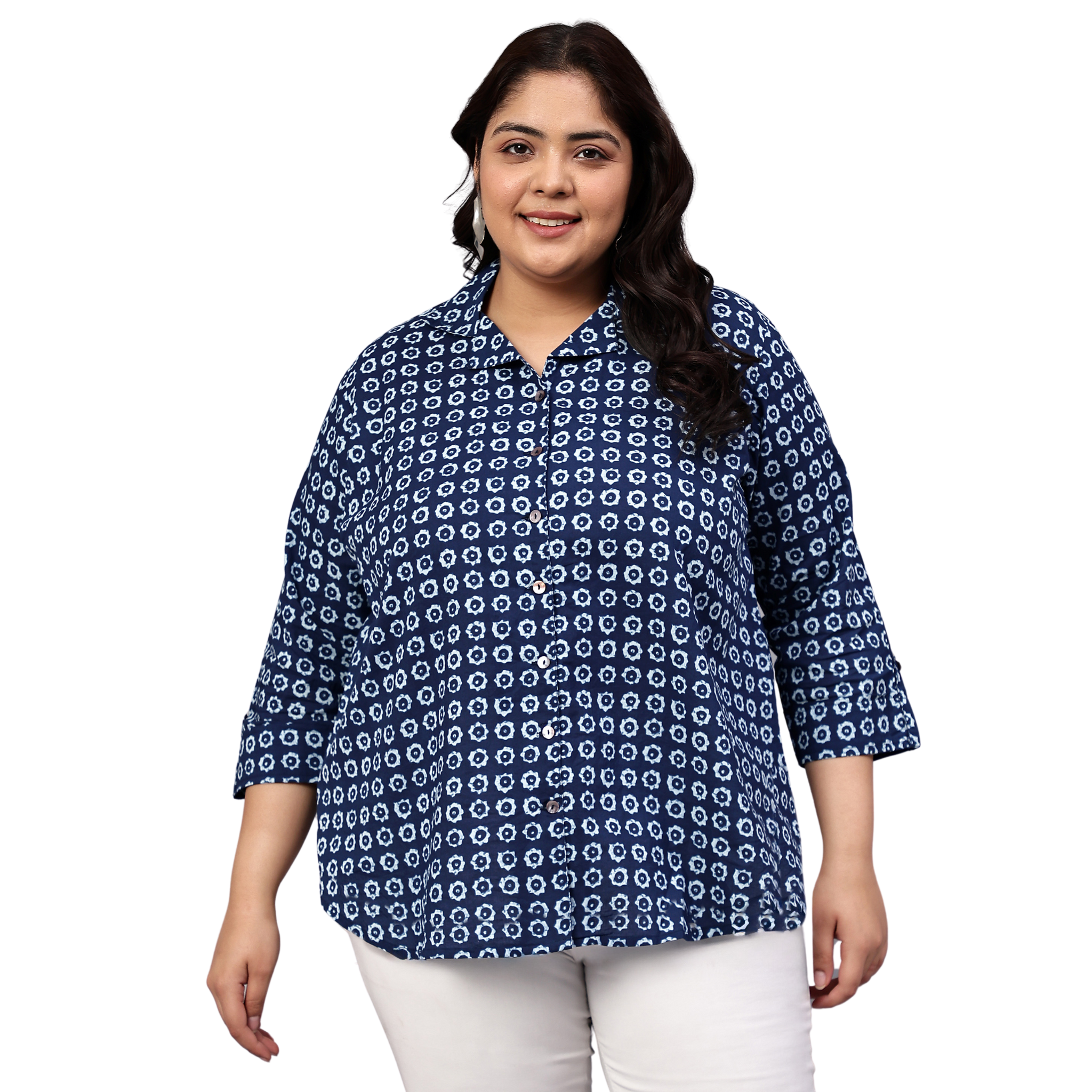 Blue Floral Print Plus Size Shirt