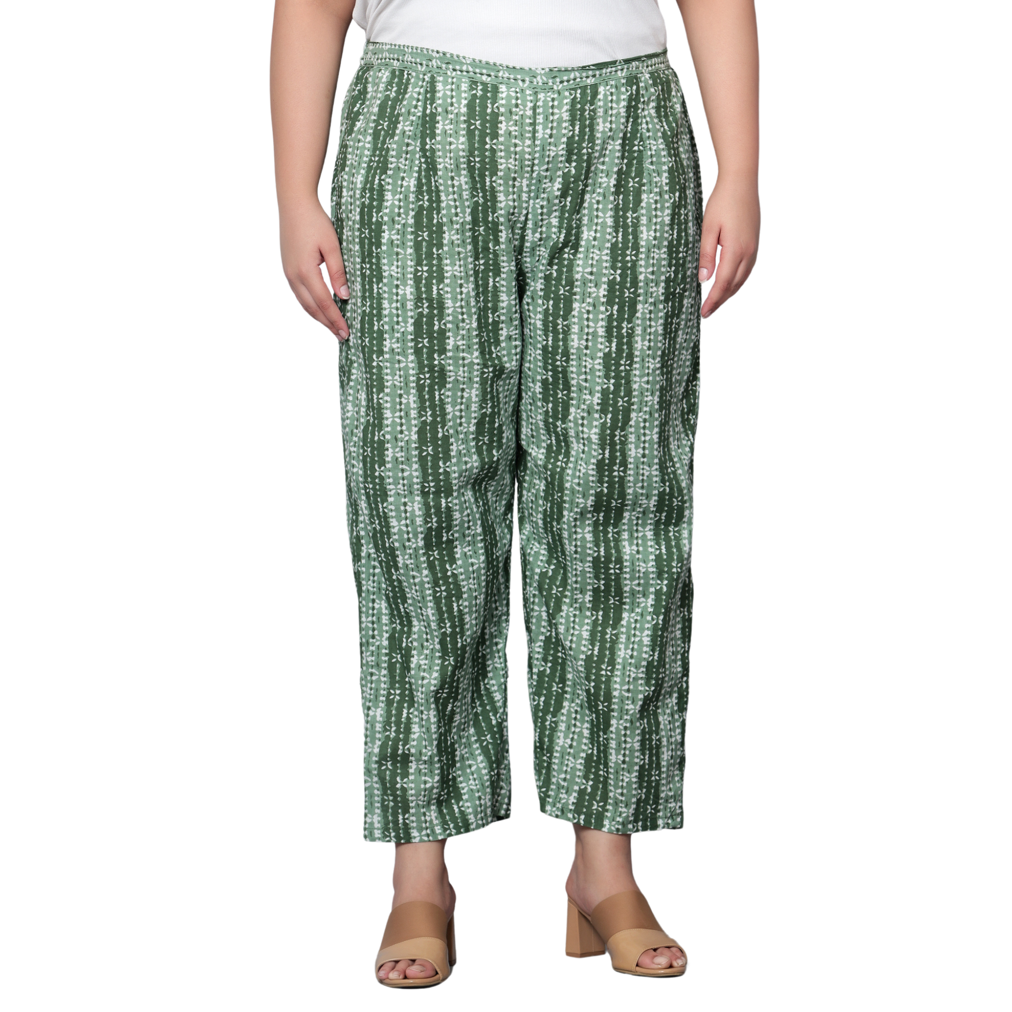 Green Hand Block Print Plus Size Trousers