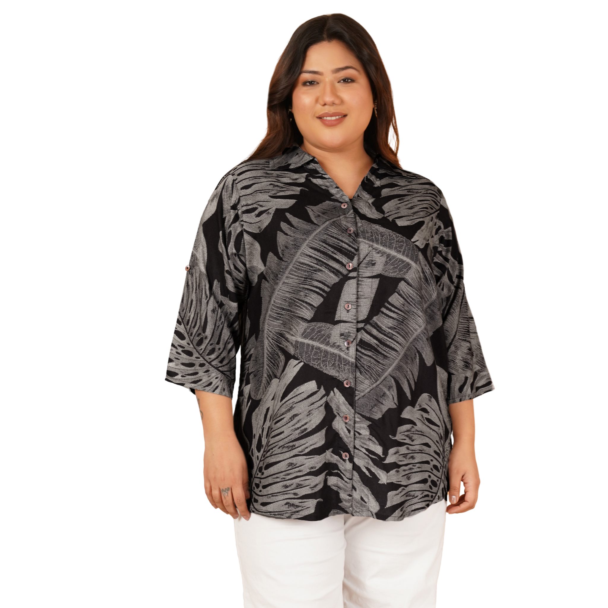 Black Leaf Print Plus Size Shirt